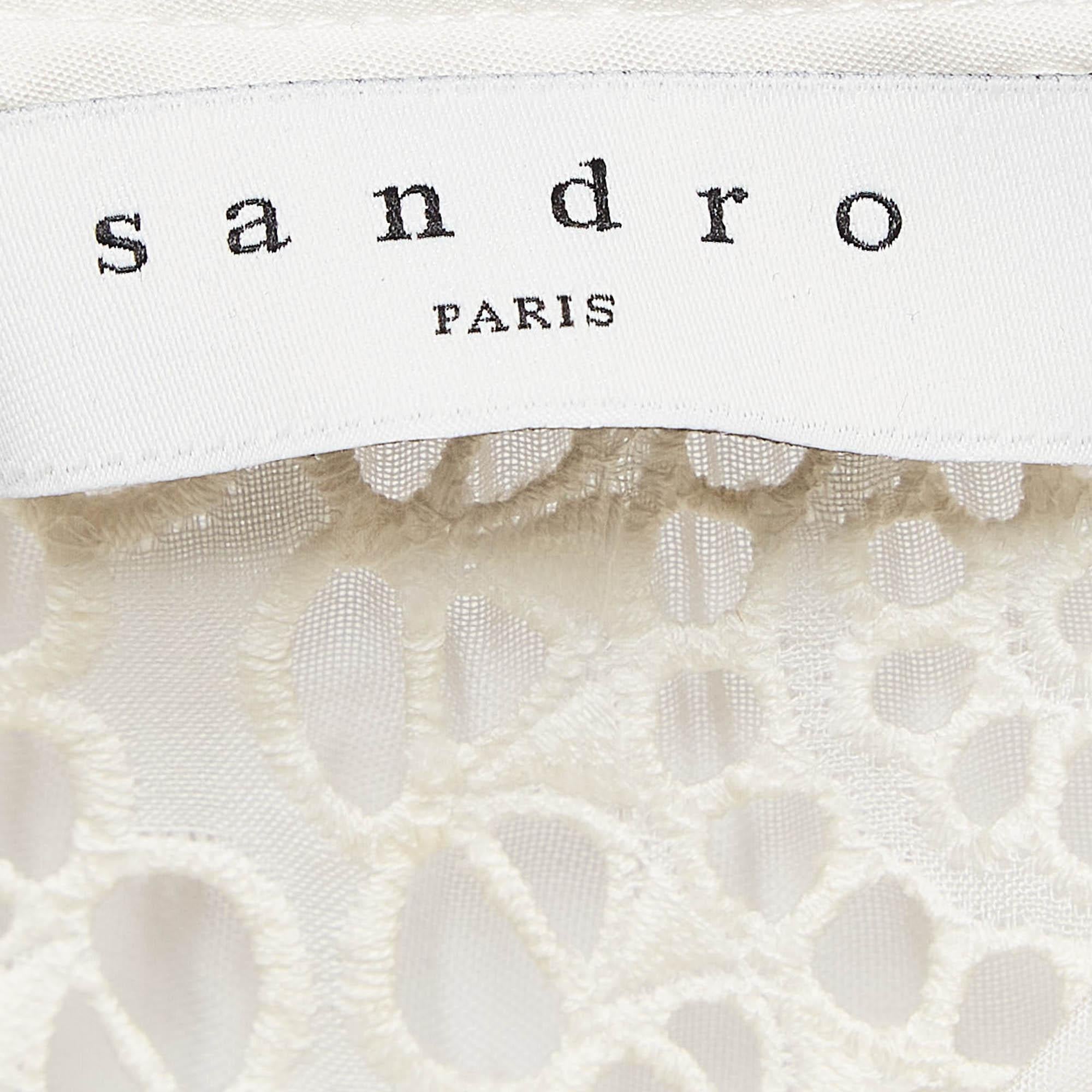 Women's Sandro Off-White Lace Full Sleeve Ruffled Top M For Sale