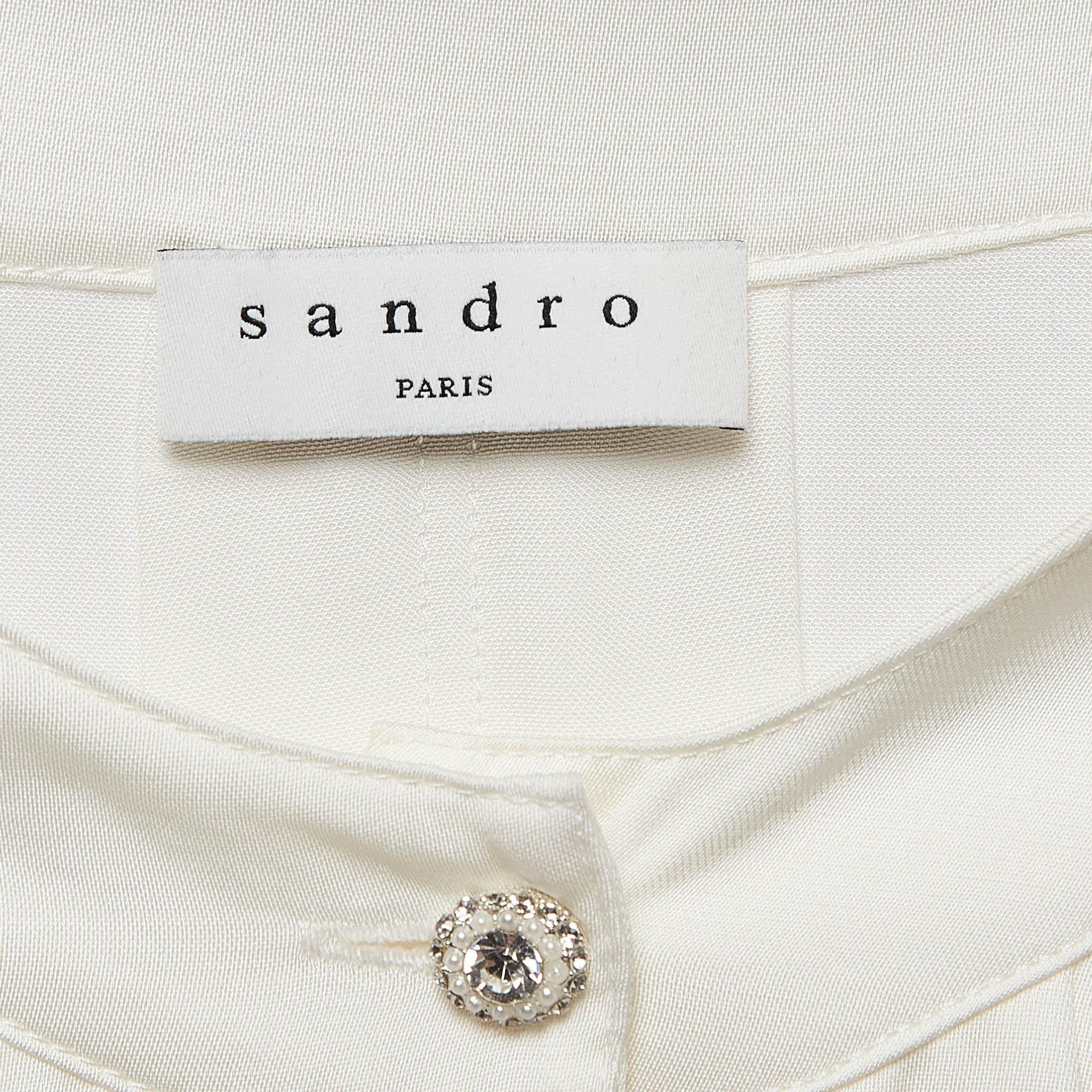 Sandro Off-White Satin Pleated Blouse S In Good Condition For Sale In Dubai, Al Qouz 2