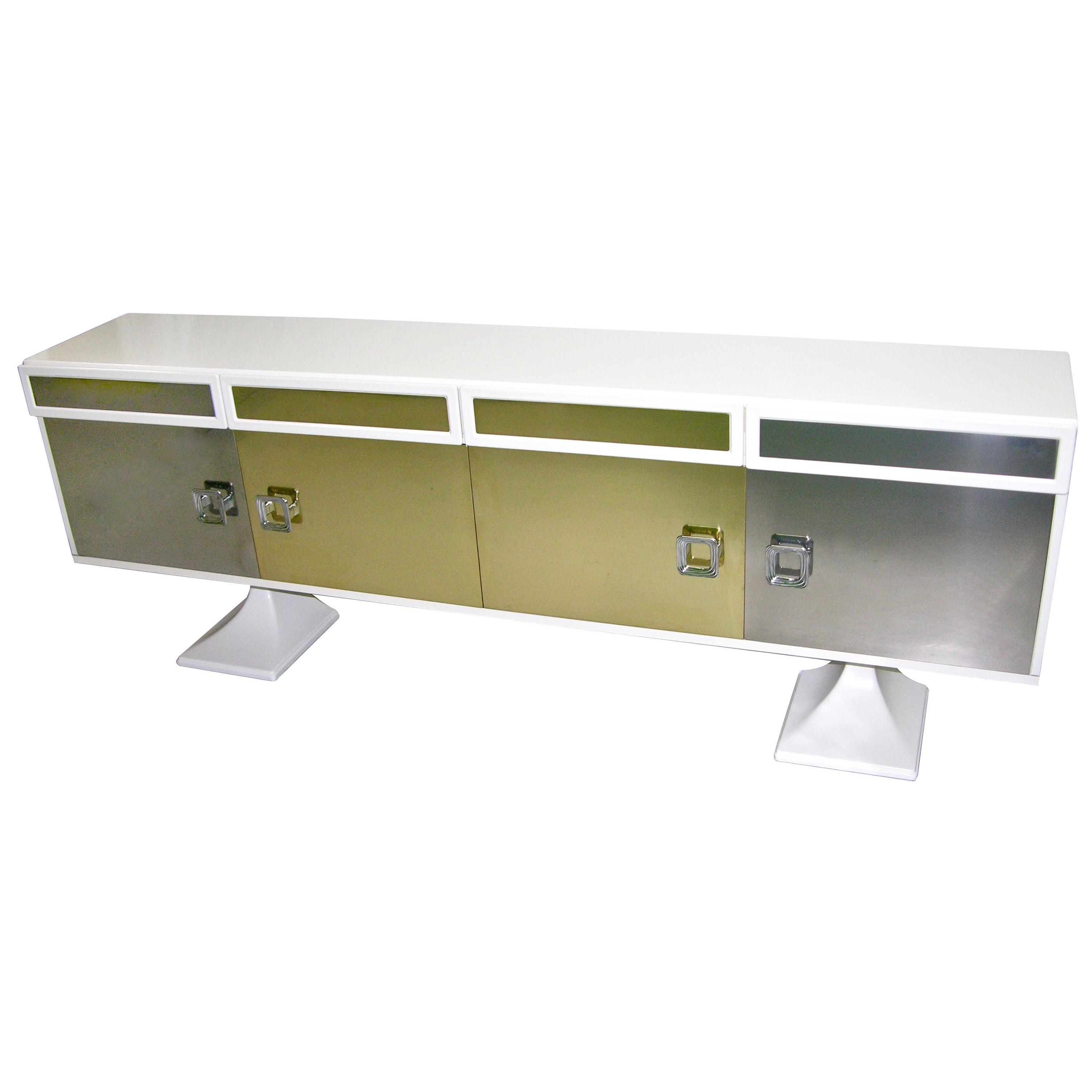 Sandro Petti 1970s Italian Modern Chrome and Brass White Lacquered Credenza