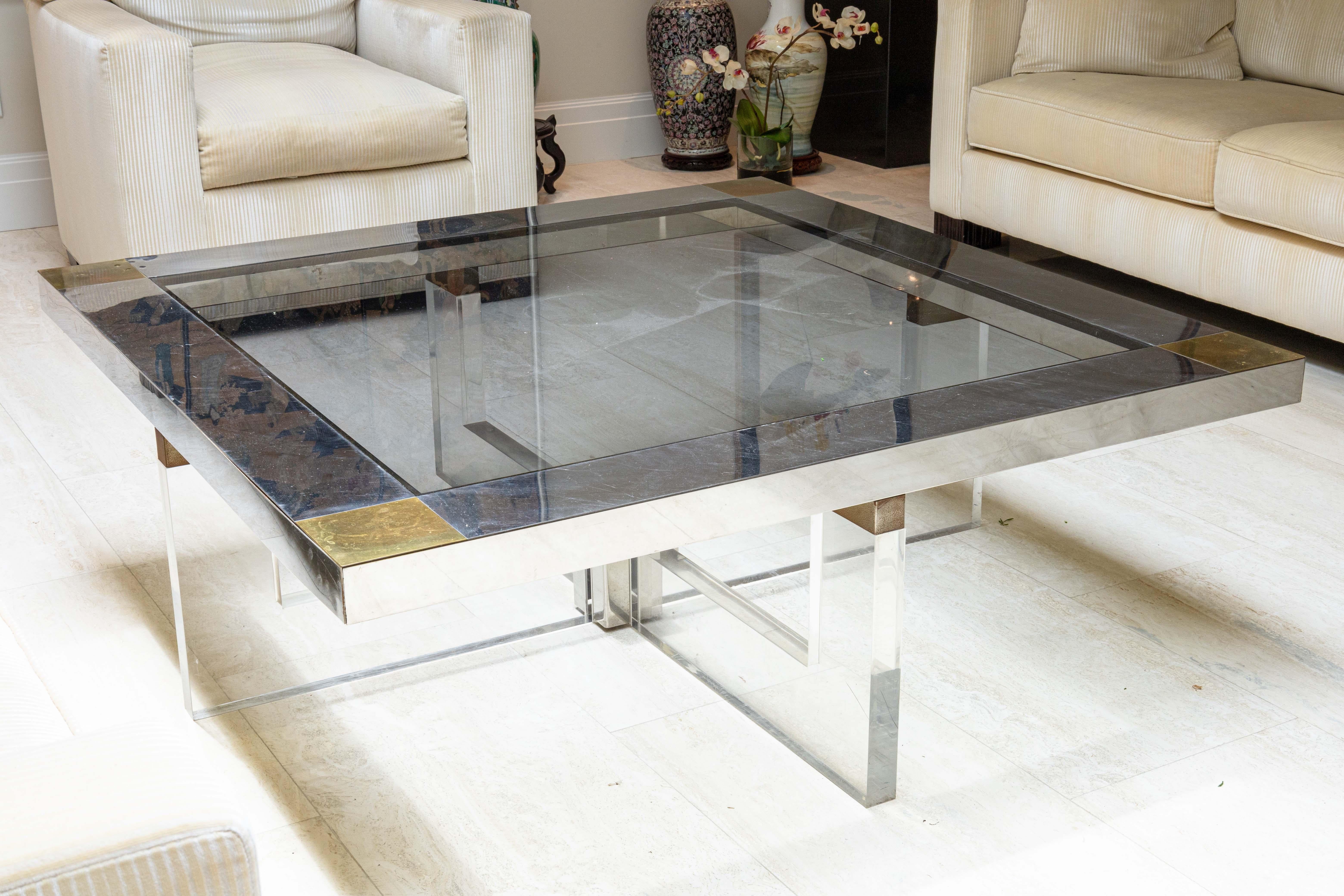 Moderne Sandro Petti pour Angelo Metal Art Table basse en verre chromé et lucite en vente