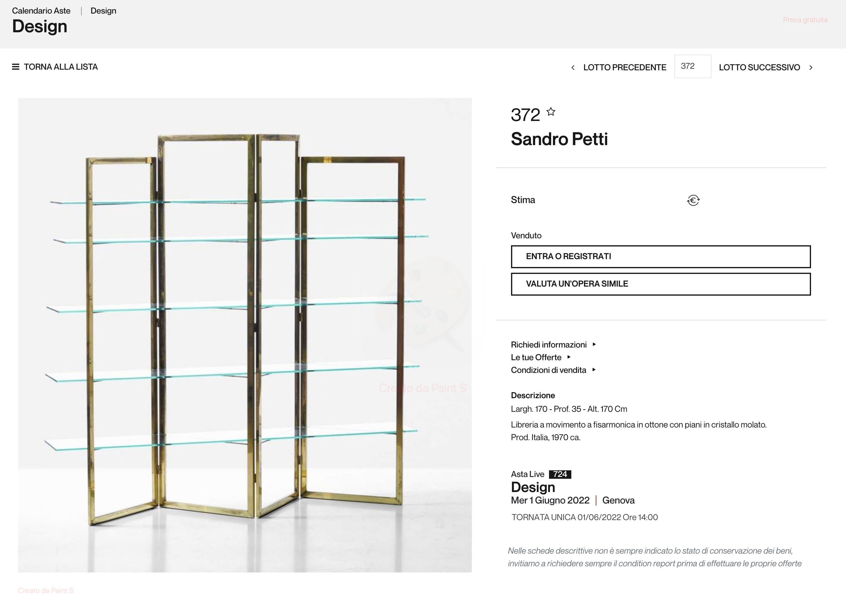 Sandro Petti Librería/Vitrina de latón y cristal Made in Italy, 1970 en Bueno estado para la venta en Rome, IT
