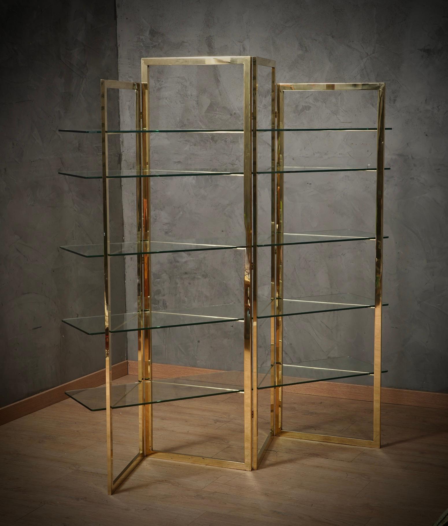 Late 20th Century Sandro Petti Made in Italy Brass and Glass Bookcase/Vitrines, 1970 For Sale