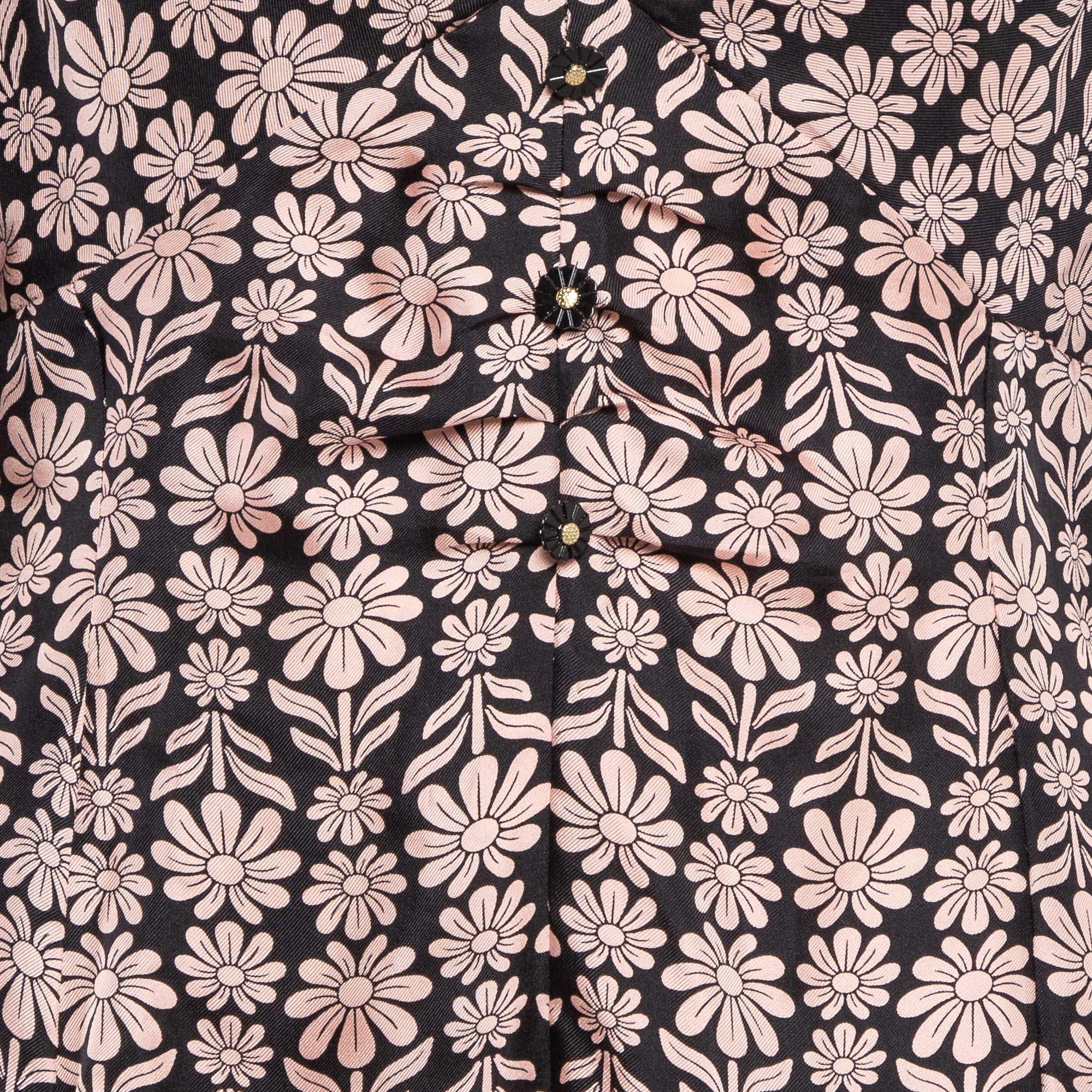 Brown Sandro Pink/Black Floral Patterned Silk Mini Dress L