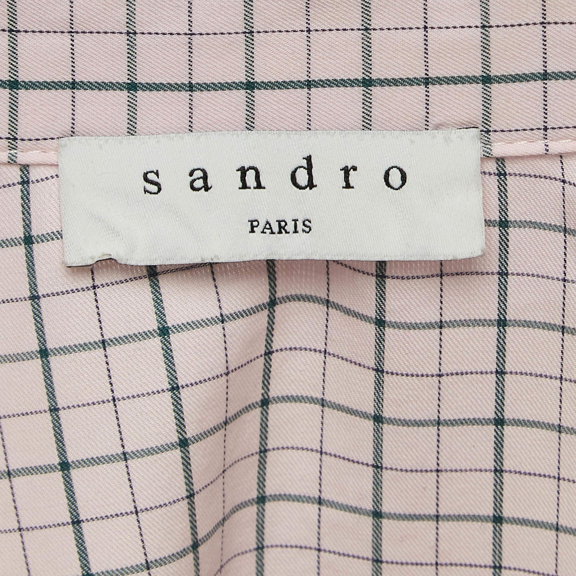 Sandro Pink Checkered Cotton Puff Sleeves Shirt L In Good Condition For Sale In Dubai, Al Qouz 2