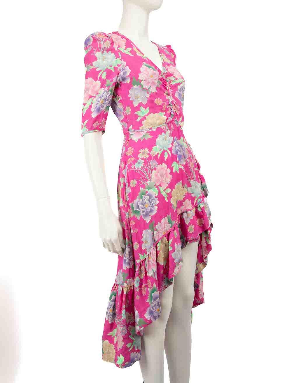 CONDITION is Very good. Hardly any visible wear to dress is evident on this used Sandro designer resale item.
 
 
 
 Details
 
 
 Pink
 
 Viscose
 
 Dress
 
 Floral pattern
 
 Mini
 
 Ruffle trim
 
 V-neck
 
 Ruched detail
 
 Asymmetric hem
 
 Side