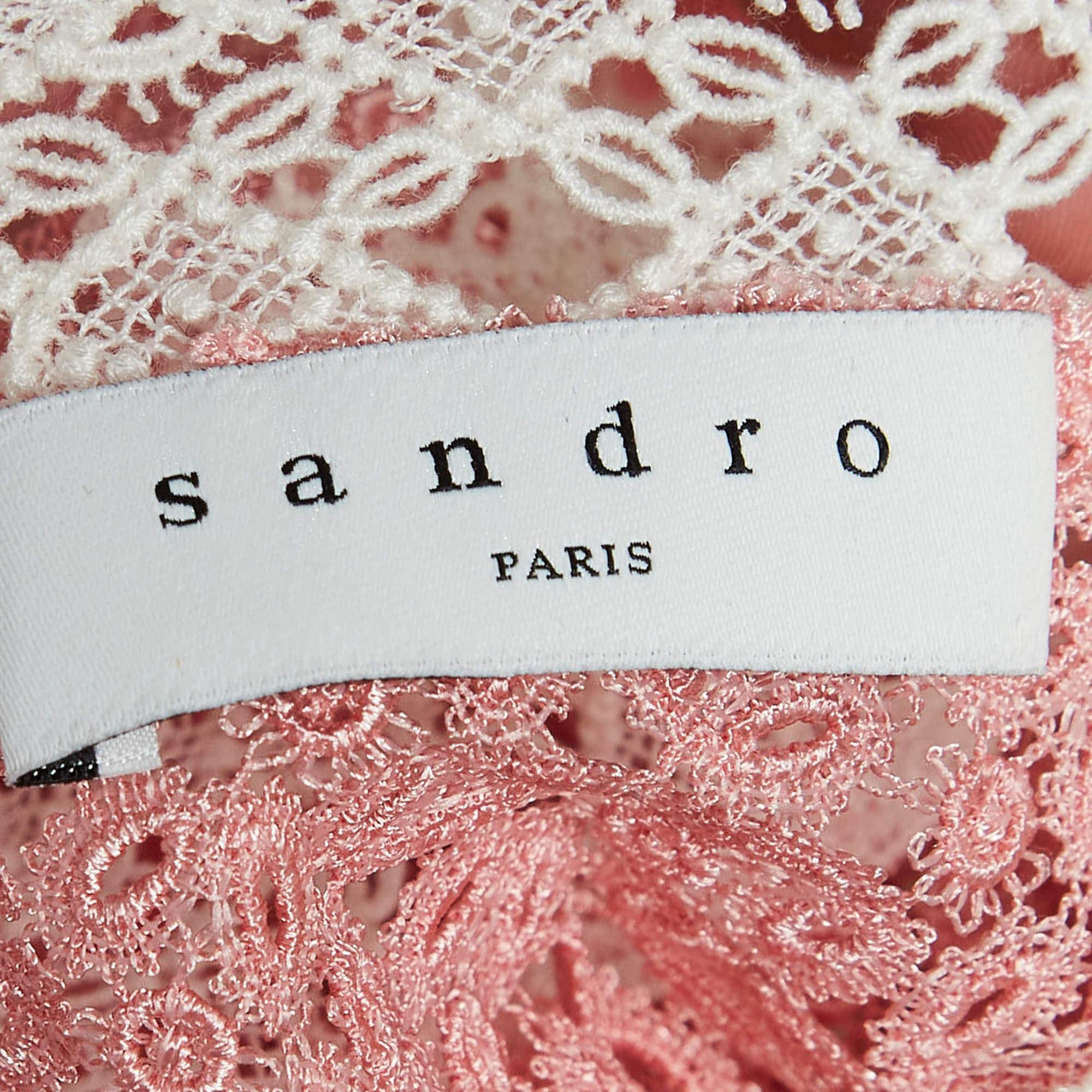 Sandro Pink Lace V-Neck Mini Dress M In New Condition For Sale In Dubai, Al Qouz 2
