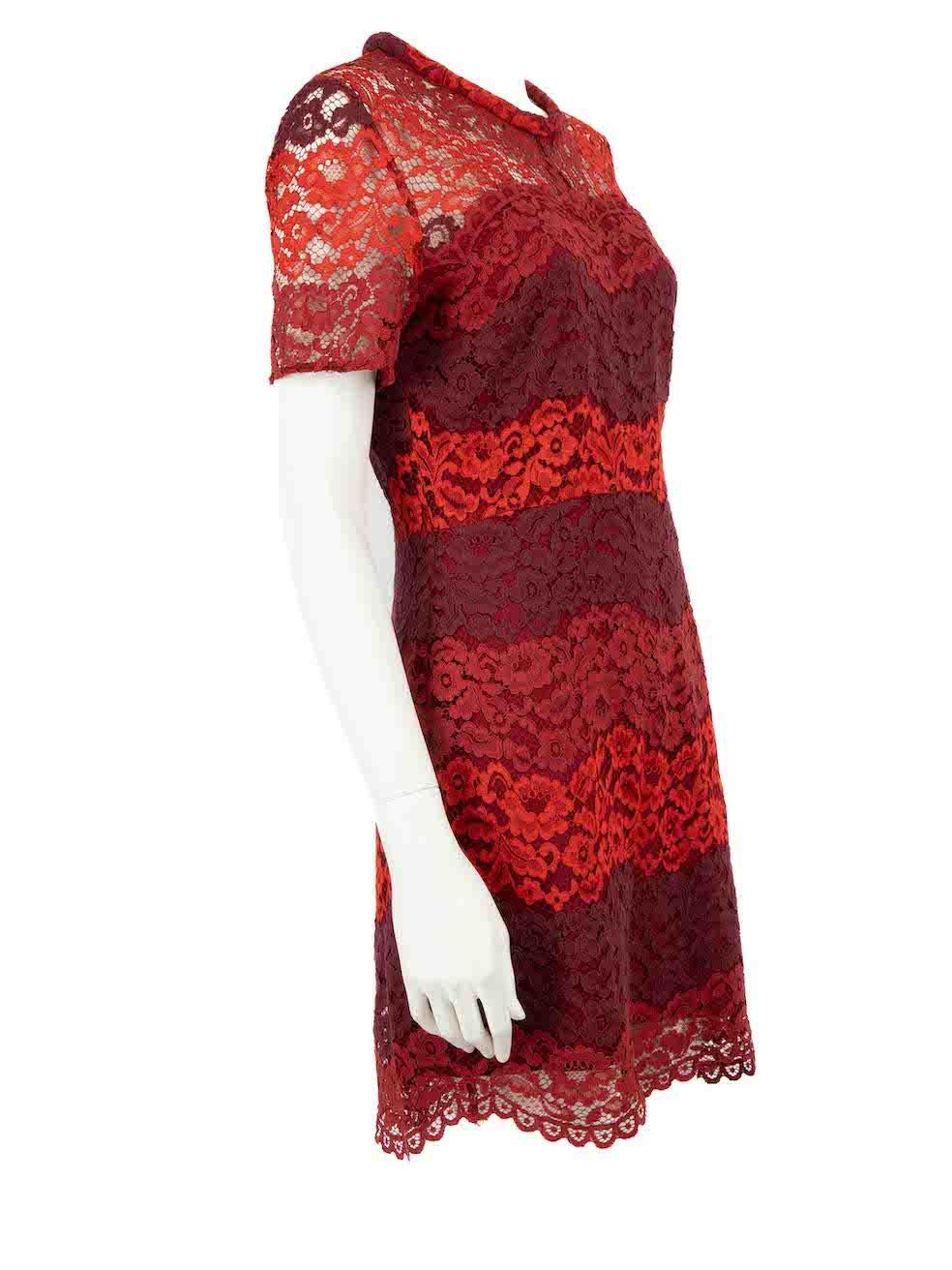 CONDITION is Very good. Hardly any visible wear to dress is evident on this used Sandro designer resale item.
 
 Details
 Red
 Lace
 Dress
 Mini
 Short sleeves
 Round neck
 Striped floral lace
 Back zipped fastening
 Figure hugging fit
 
 
 Made in