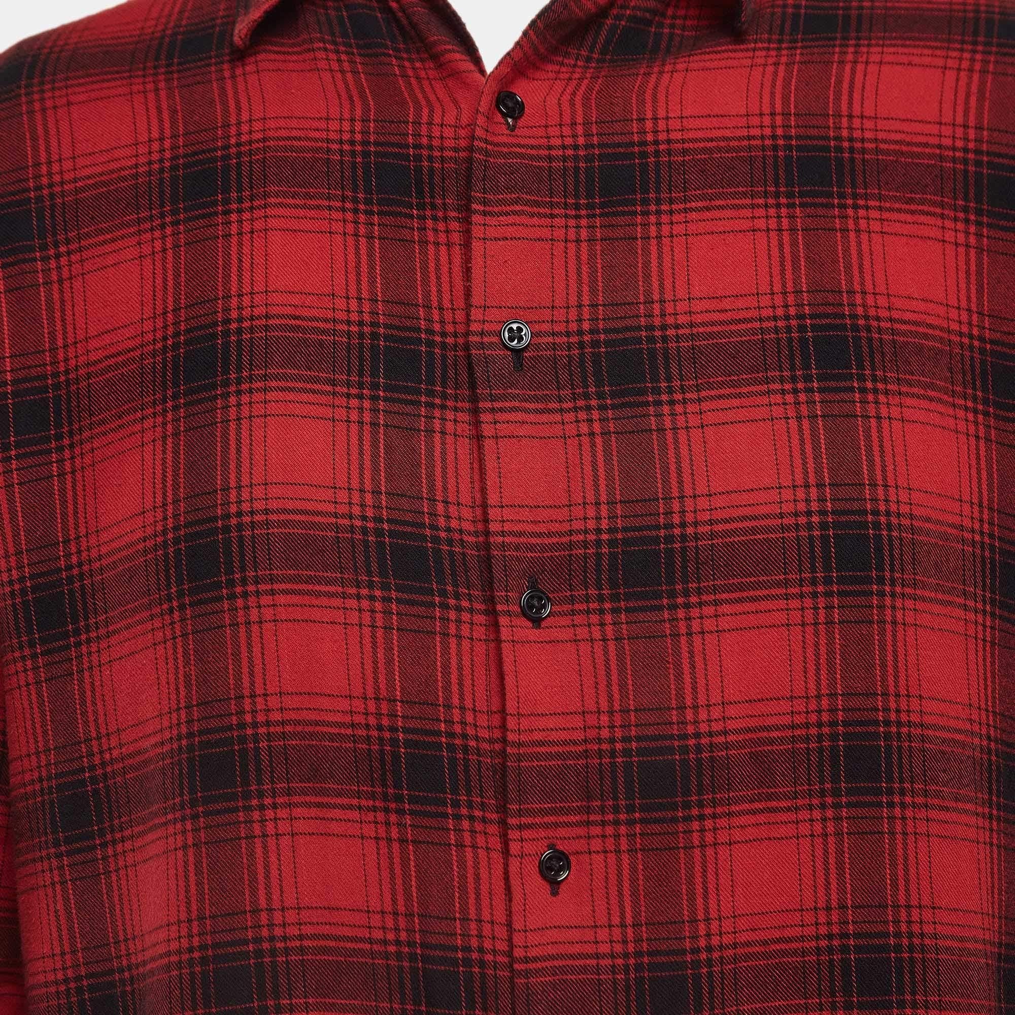 Brown Sandro Red Plaid Cotton Long Sleeve Shirt M For Sale