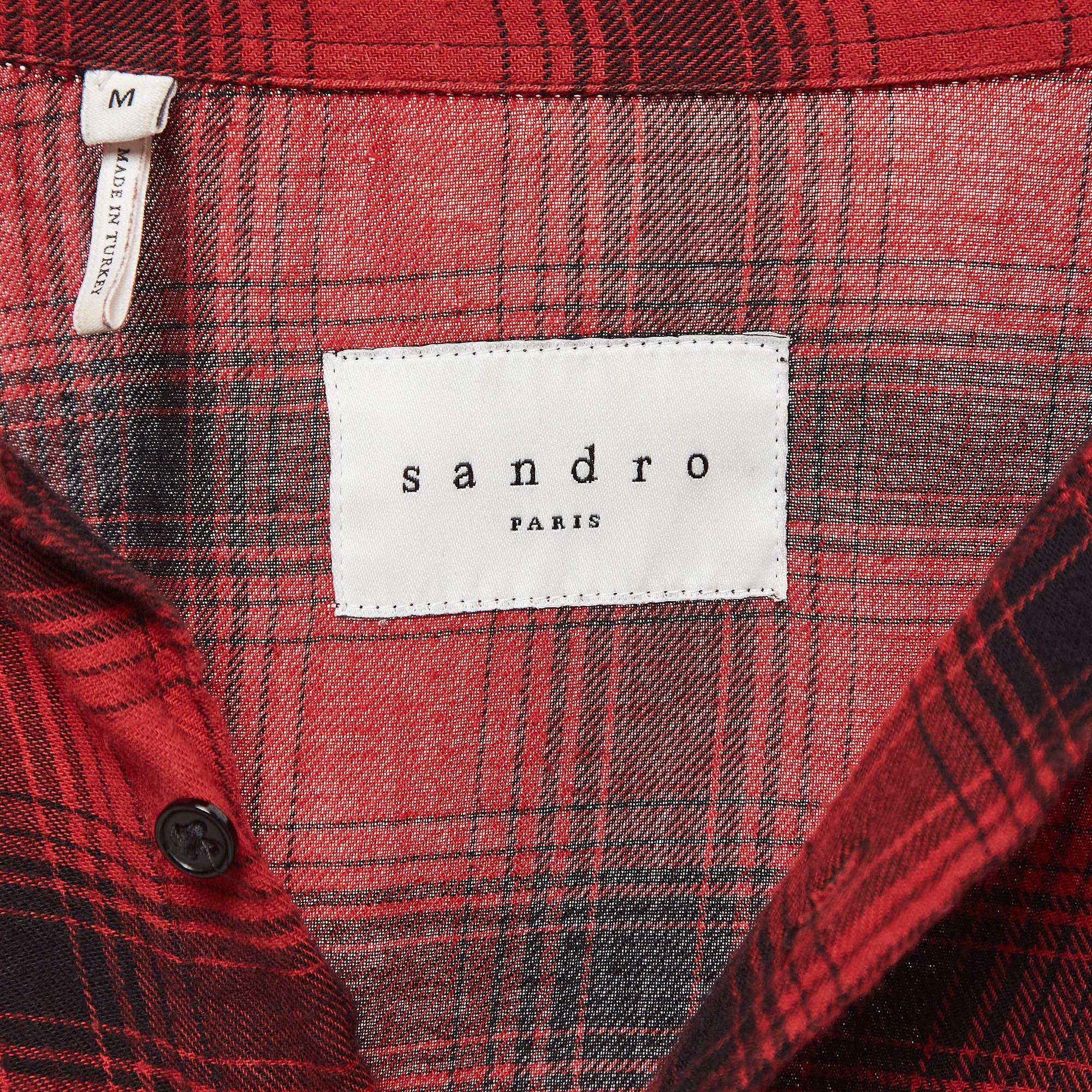 Sandro Red Plaid Cotton Long Sleeve Shirt M In Good Condition For Sale In Dubai, Al Qouz 2