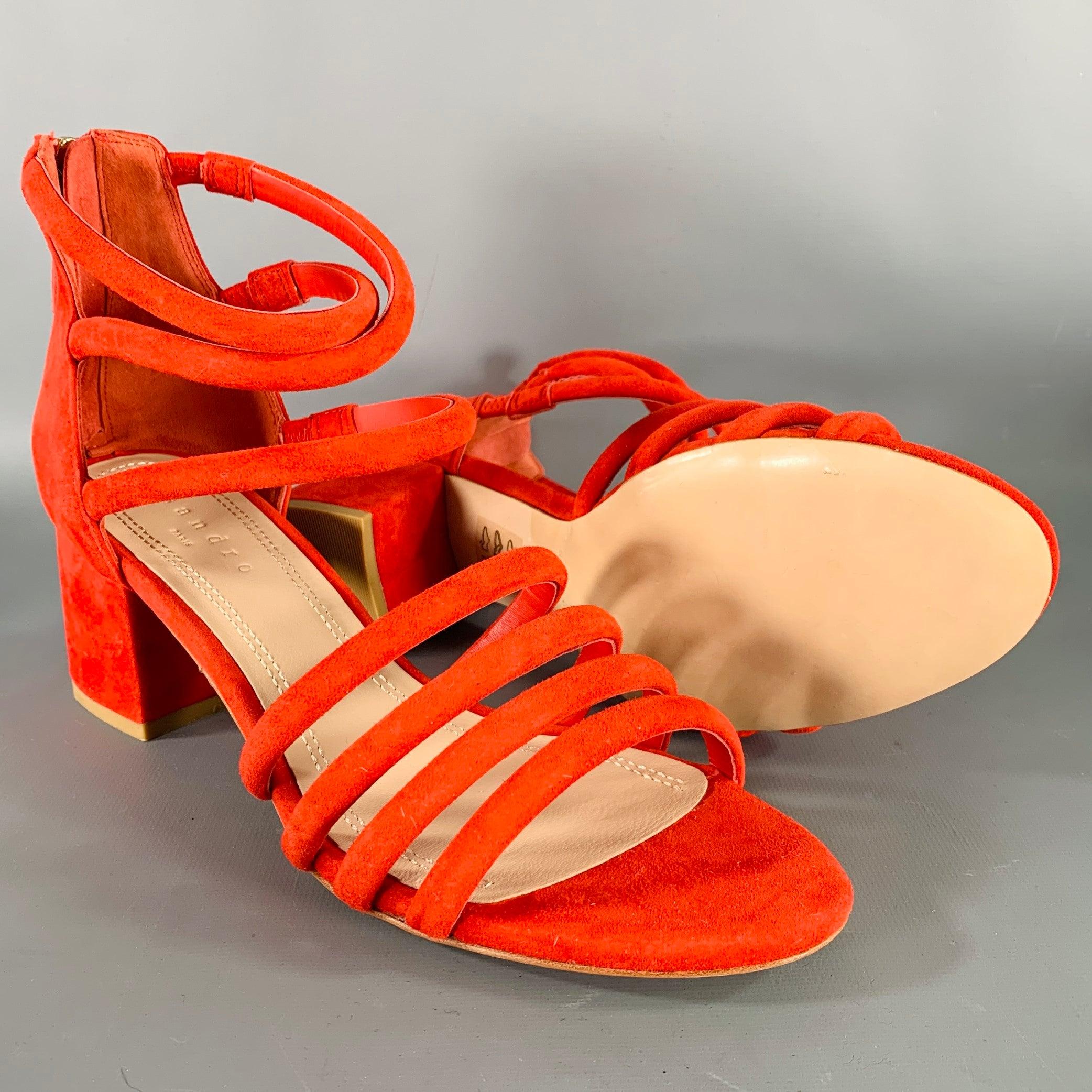 De las mujeres SANDRO Talla 10 Tessa Sandalias de tacón grueso con jaula de ante rojo en venta