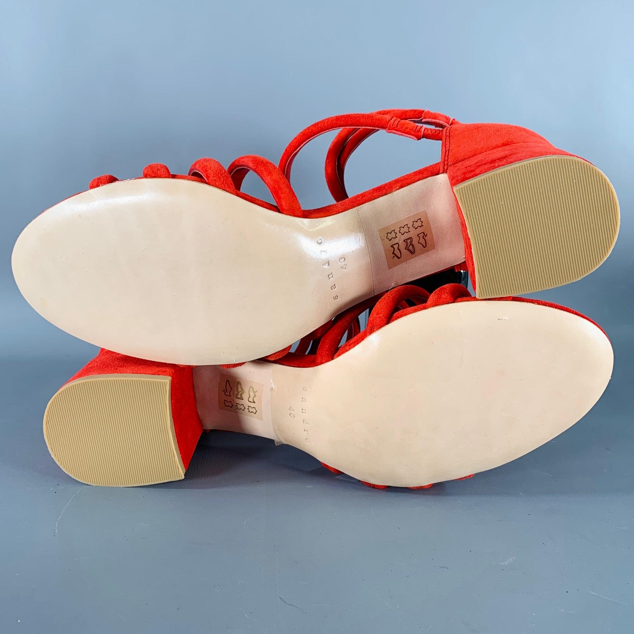 SANDRO Talla 10 Tessa Sandalias de tacón grueso con jaula de ante rojo en venta 1