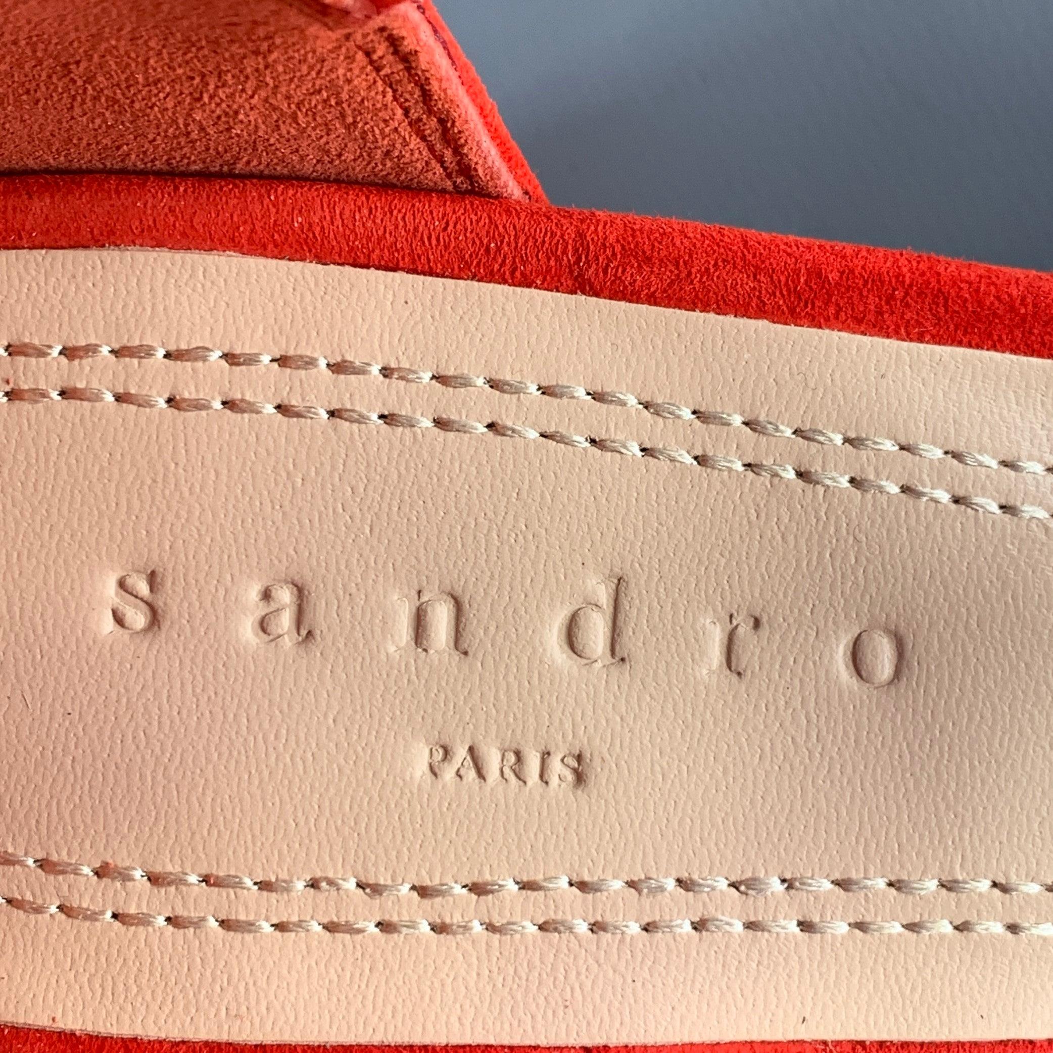 SANDRO Talla 10 Tessa Sandalias de tacón grueso con jaula de ante rojo en venta 2