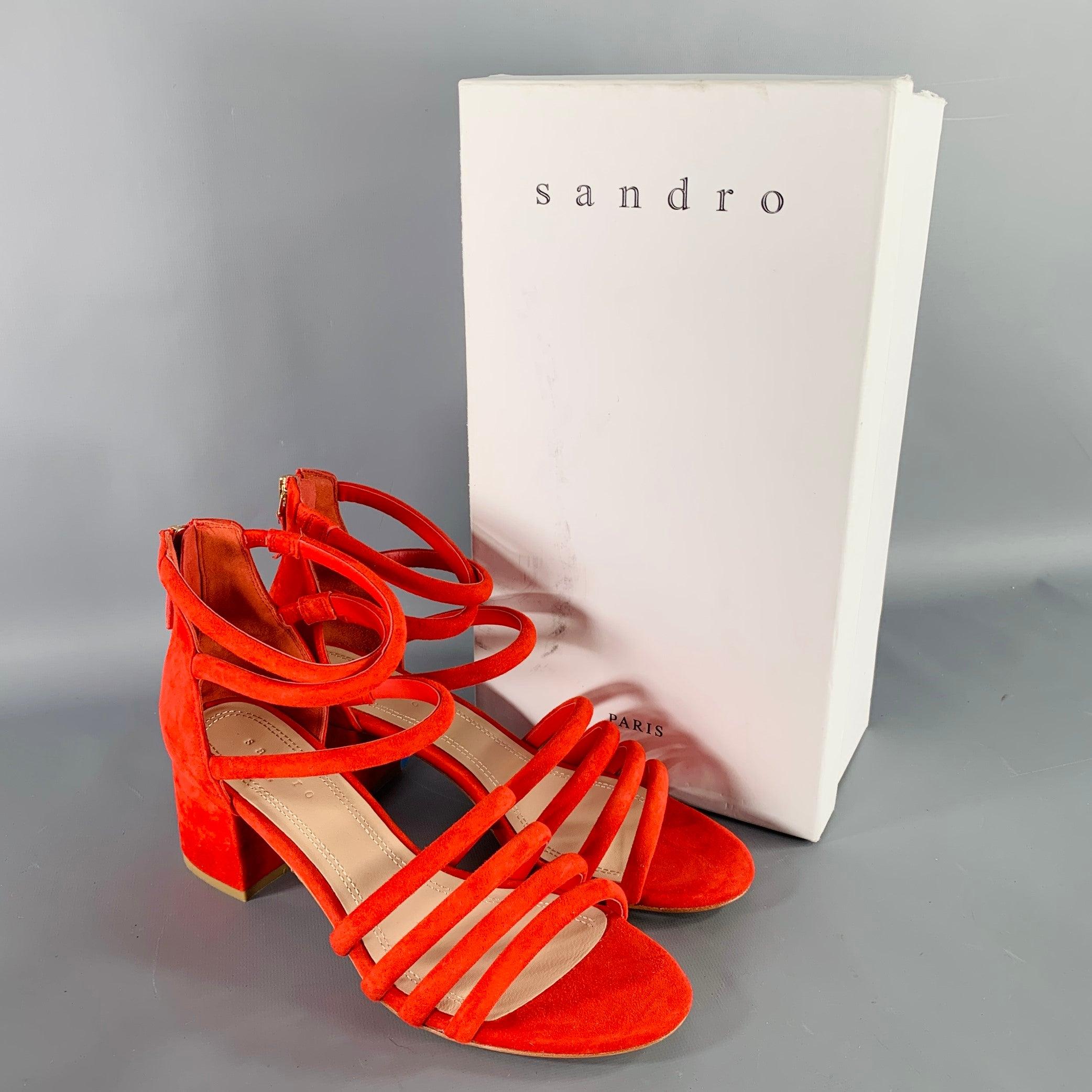 SANDRO Talla 10 Tessa Sandalias de tacón grueso con jaula de ante rojo en venta 4