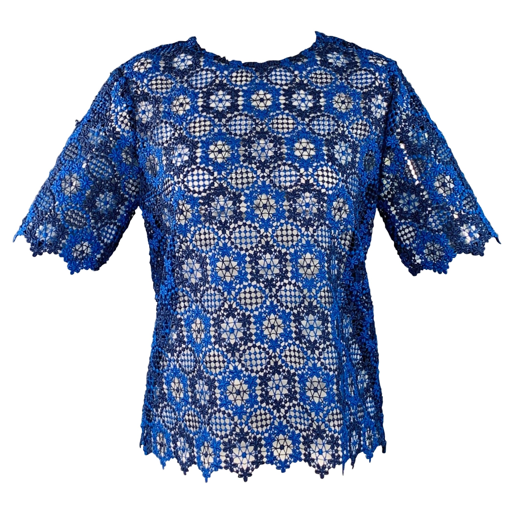 SANDRO Size 2 Navy Blue Polyester Lace Short Sleeve Boxy Dress Top For Sale