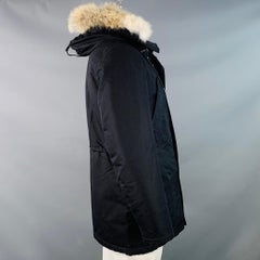 SANDRO Size L Black Beige Cotton Blend Fur Collar Zip Snaps Coat