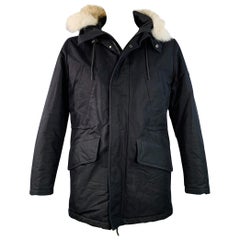 SANDRO Size L Black Beige Cotton Blend Fur Collar Zip Snaps Coat