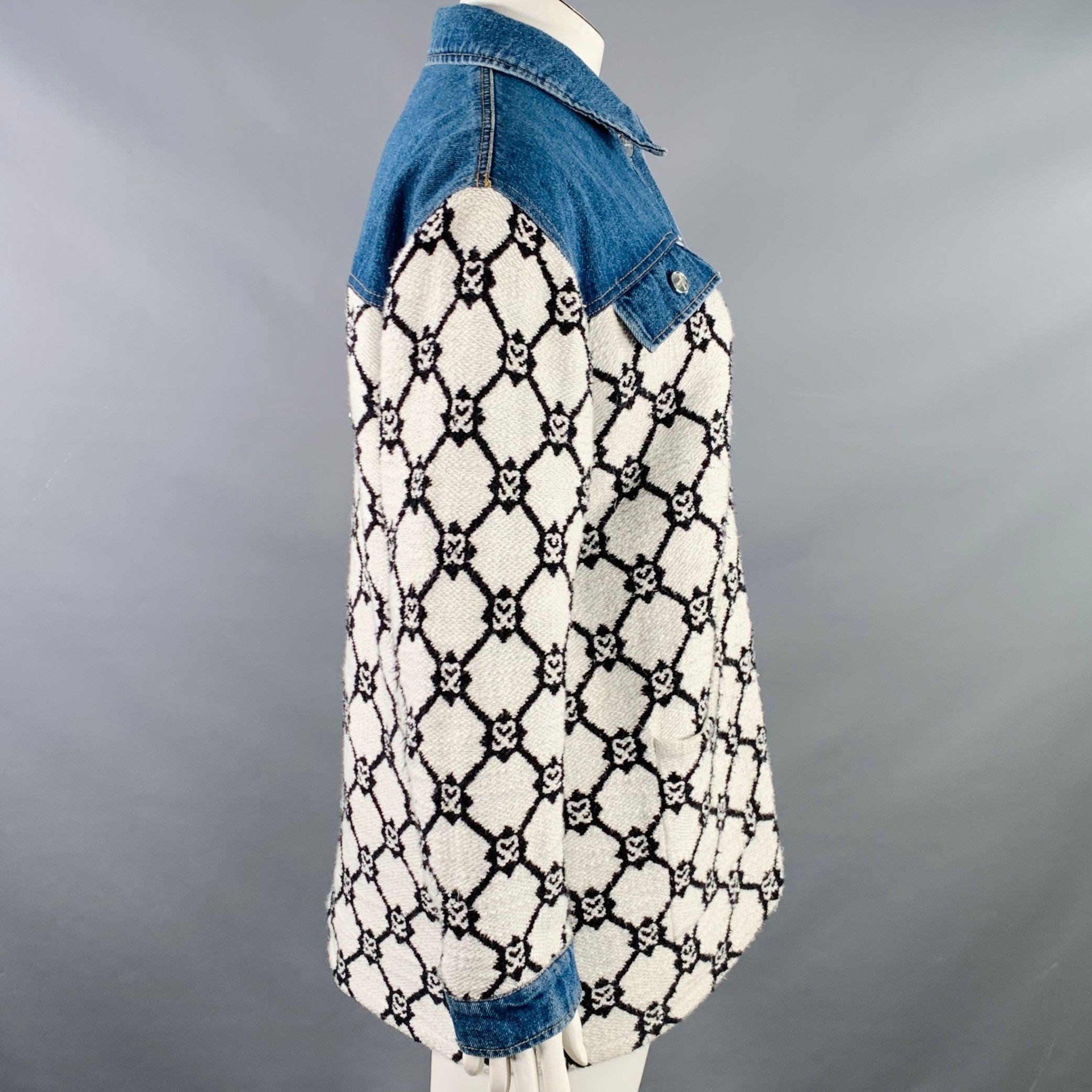 SANDRO jacket
in a blue cotton denim with black and white cotton blend fabric featuring a hearts pattern, two faux pocket flaps, and button closure.Excellent Pre-Owned Condition. 

Marked:   3 

Measurements: 
 
Shoulder: 20 inches Bust: 48 inches