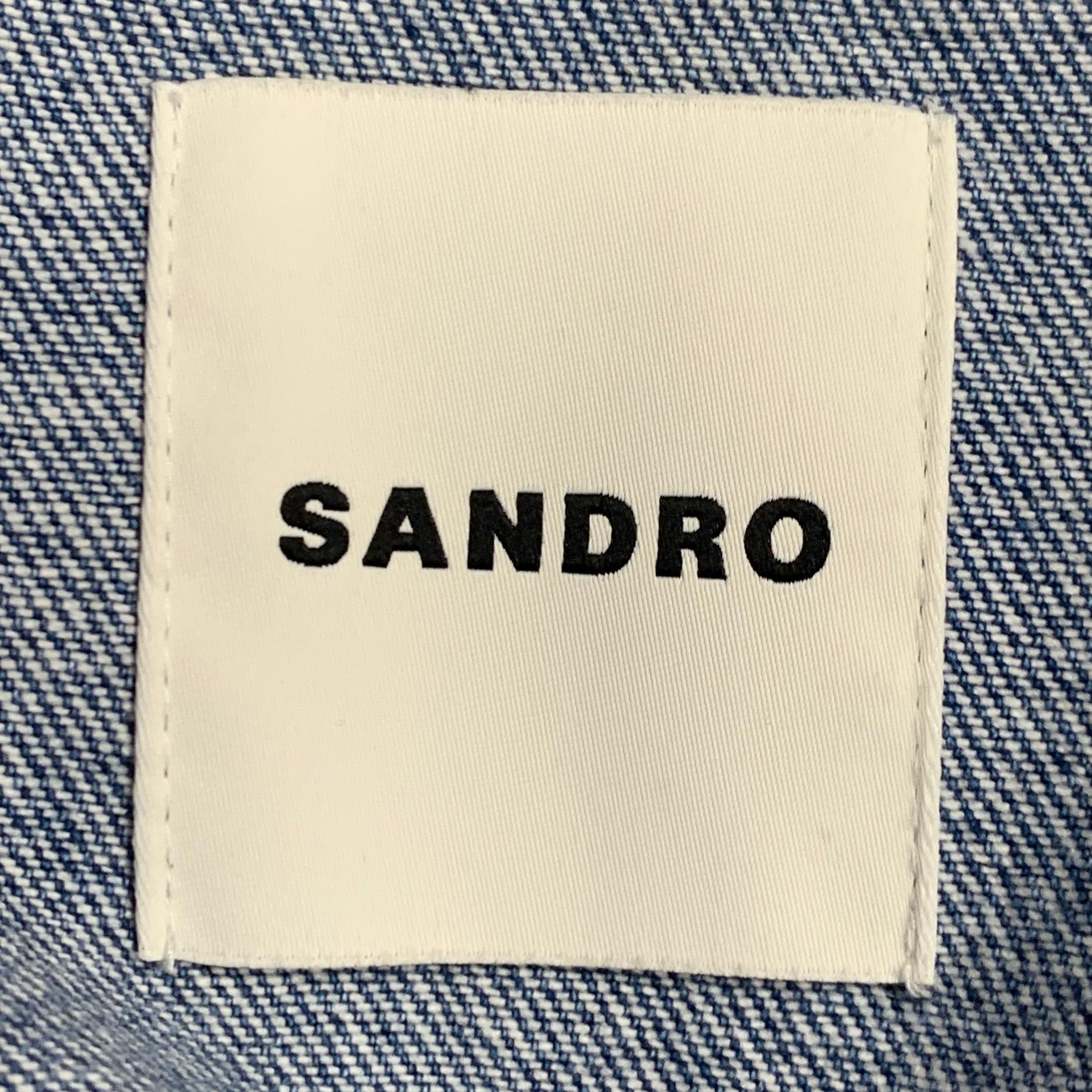 SANDRO Size L Blue Black White Hearts Cotton Blend Denim Jacket In Excellent Condition For Sale In San Francisco, CA