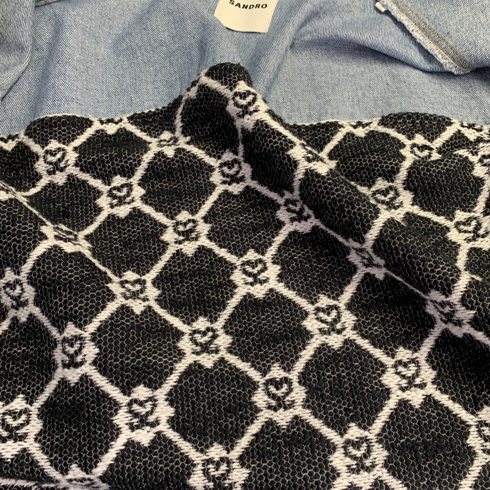 SANDRO Size L Blue Black White Hearts Cotton Blend Denim Jacket For Sale 1