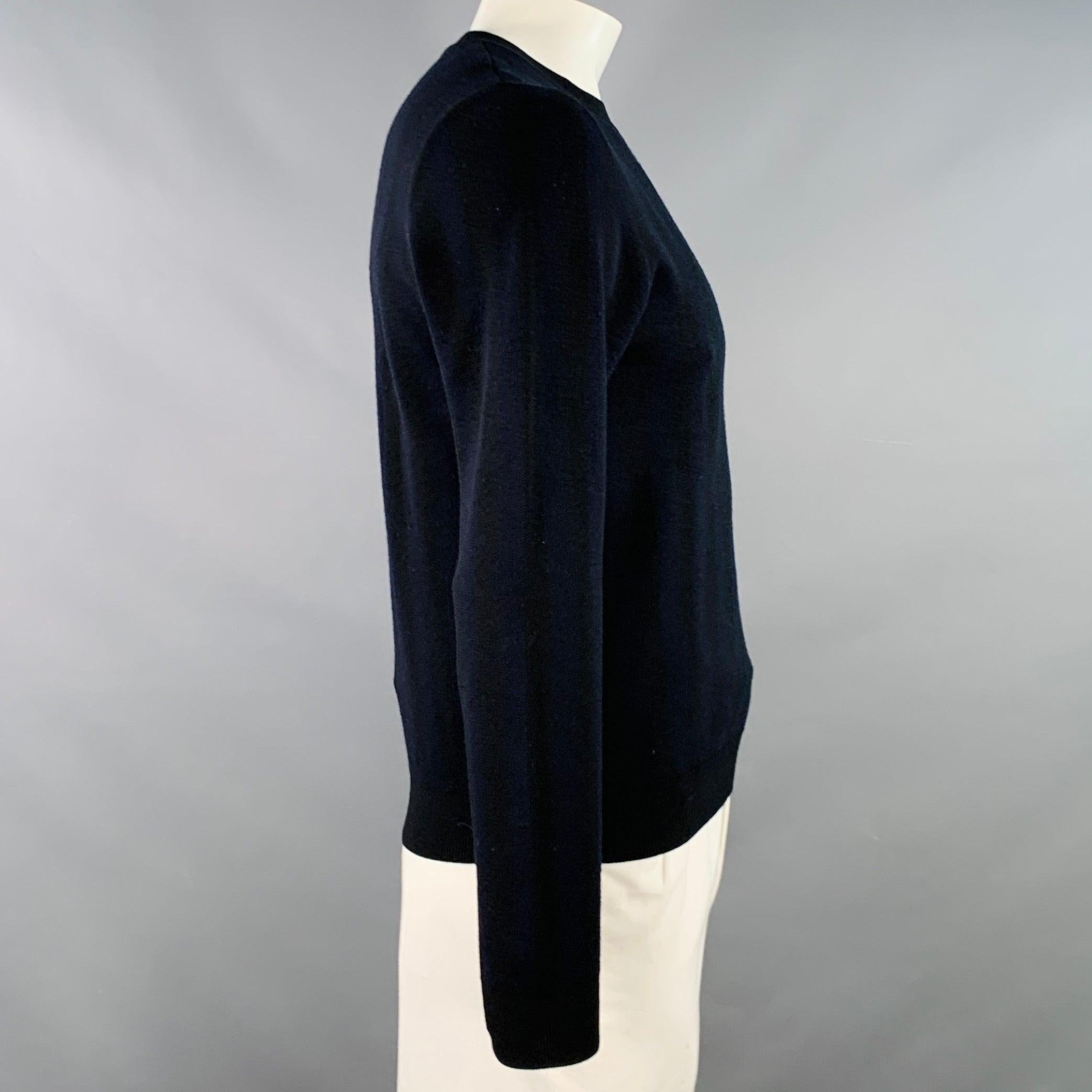SANDRO Size L Navy Black Stripe Merino Wool Crew Neck Pullover In Excellent Condition For Sale In San Francisco, CA