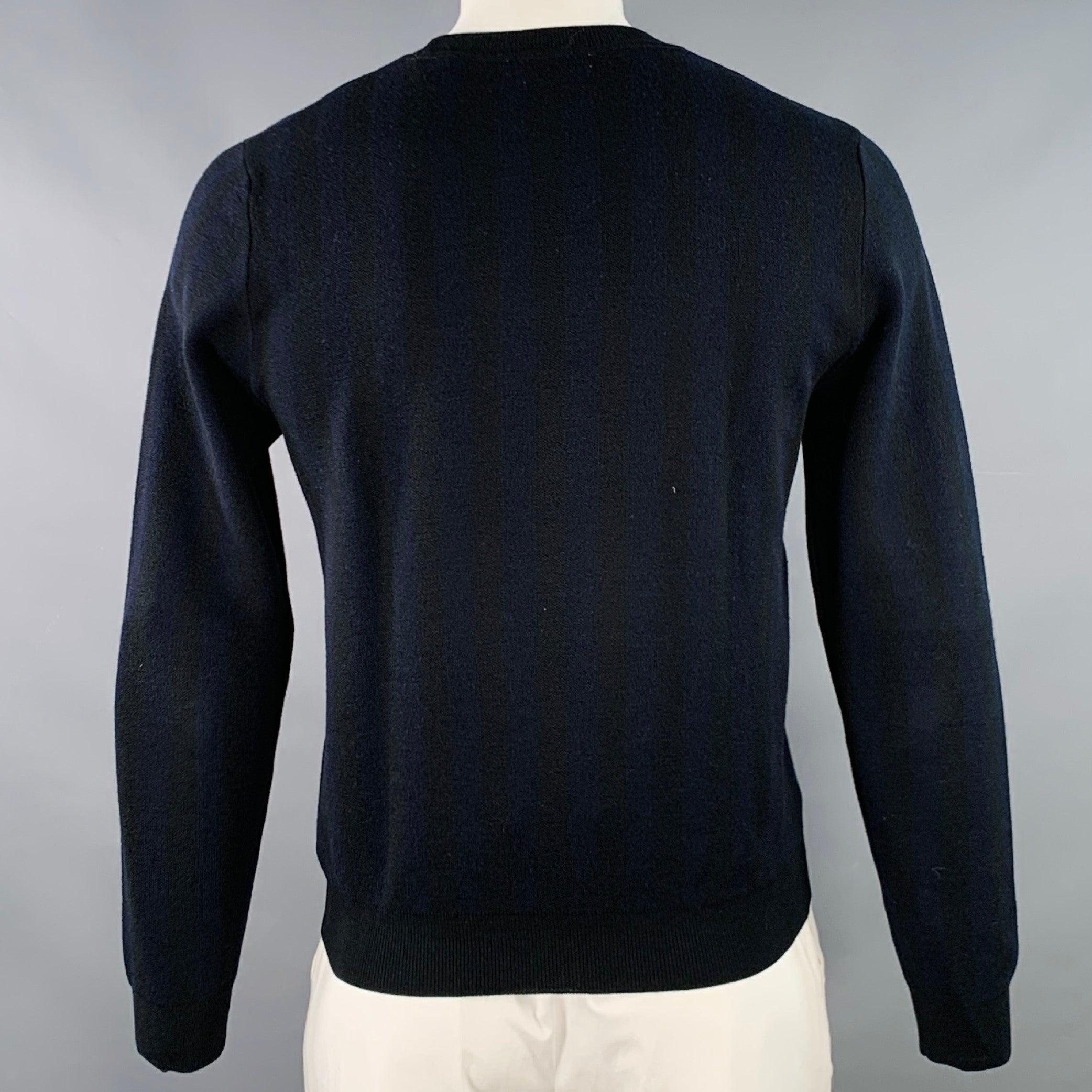 Men's SANDRO Size L Navy Black Stripe Merino Wool Crew Neck Pullover For Sale