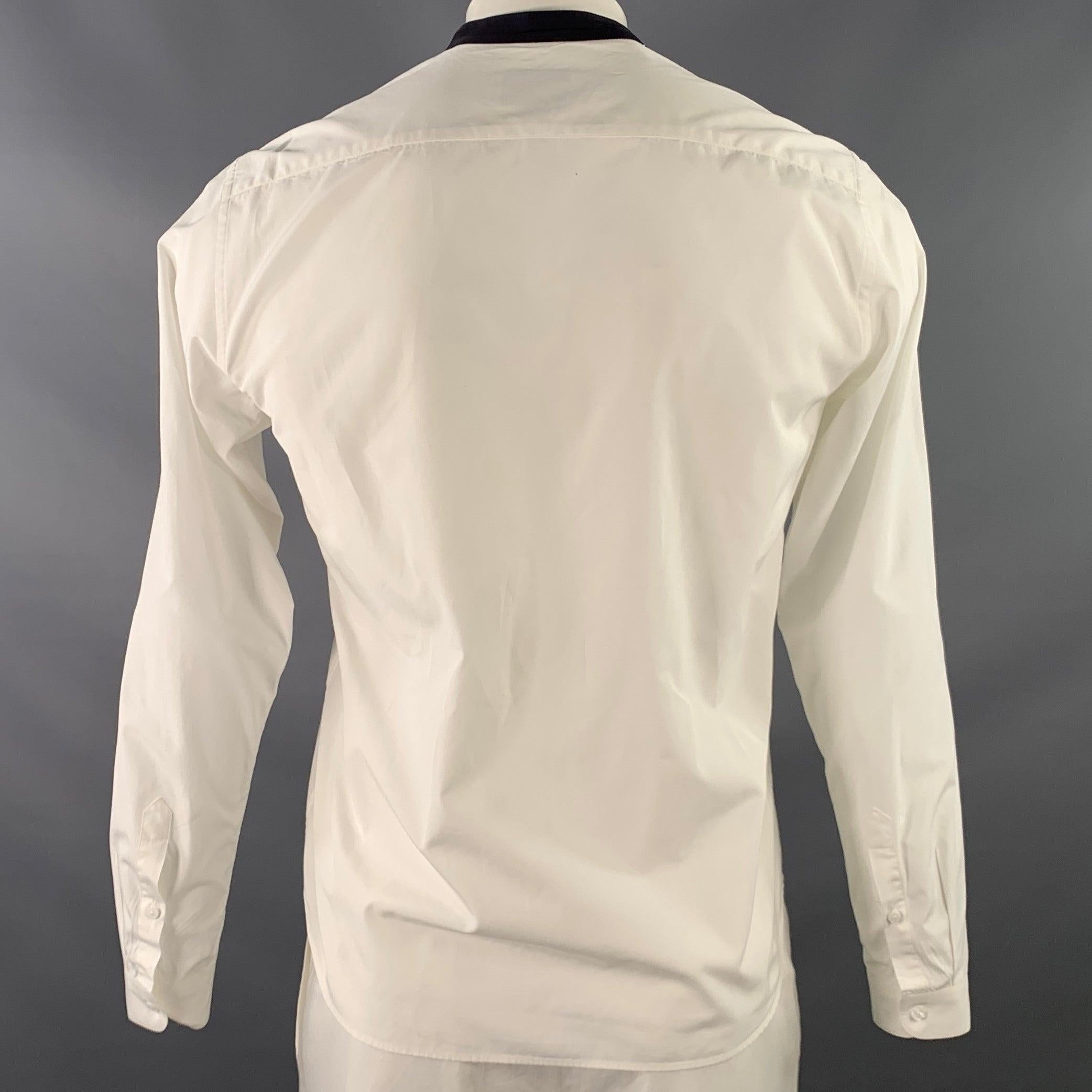 Beige SANDRO Size L White Black Cotton Collarless Contrast Trim Long Sleeve Shirt For Sale