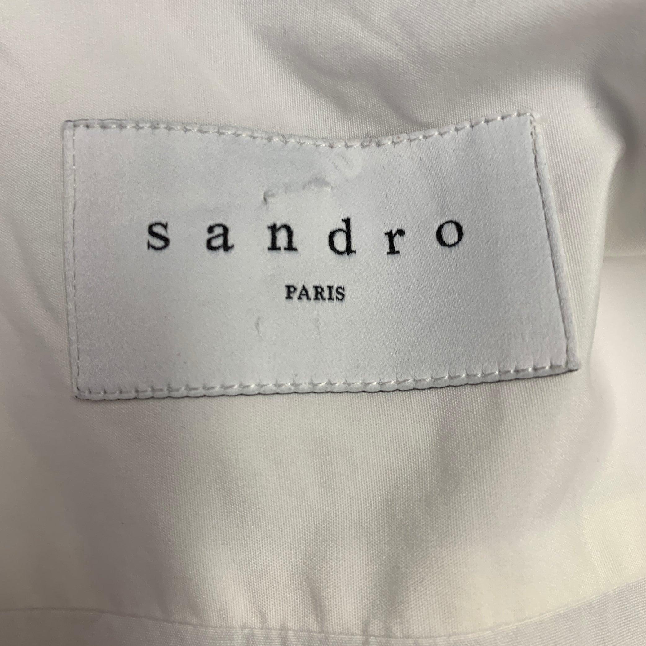 Men's SANDRO Size L White Black Cotton Collarless Contrast Trim Long Sleeve Shirt For Sale
