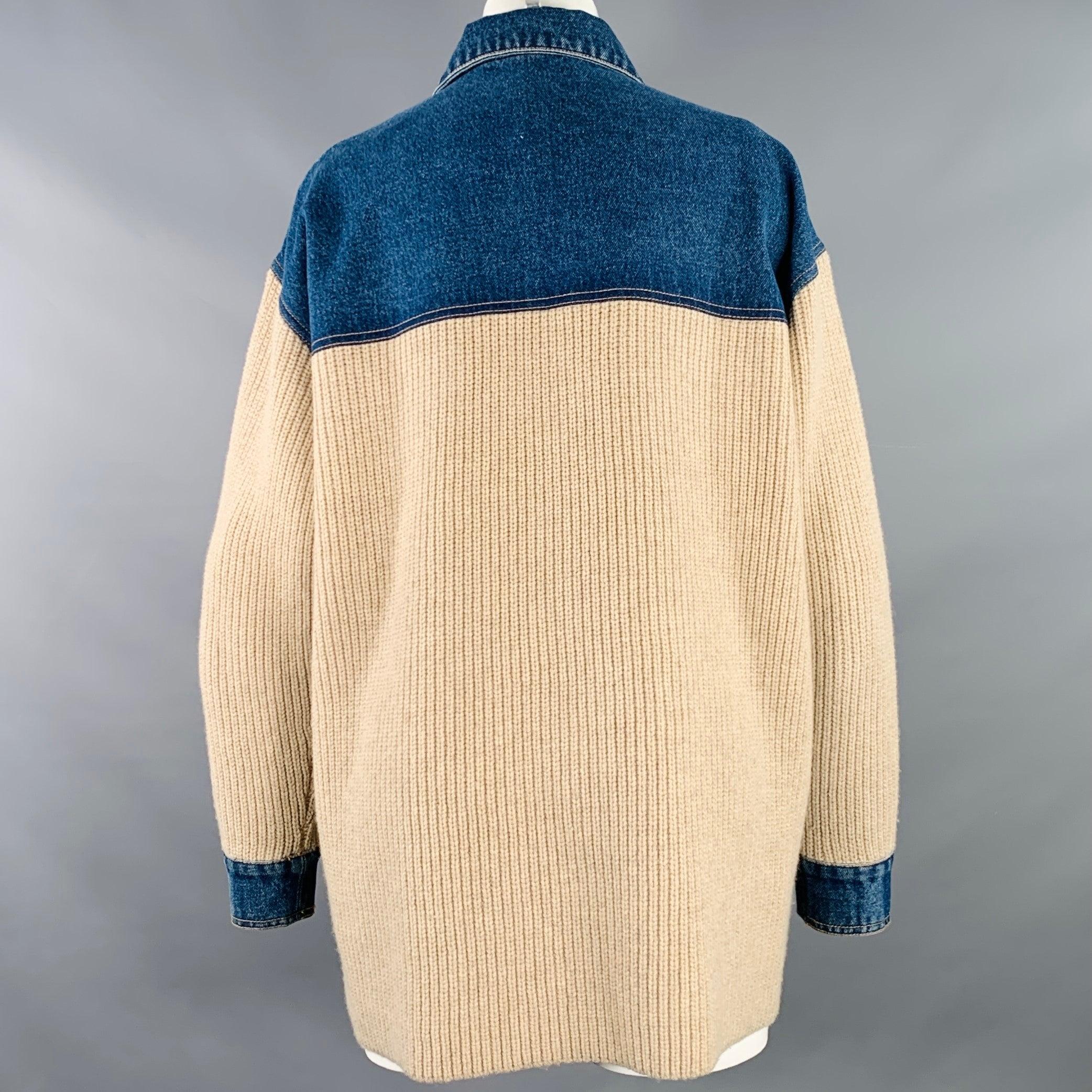 SANDRO Size M Beige Blue Mixed Fabrics Wool Blend Denim Jacket In Good Condition For Sale In San Francisco, CA
