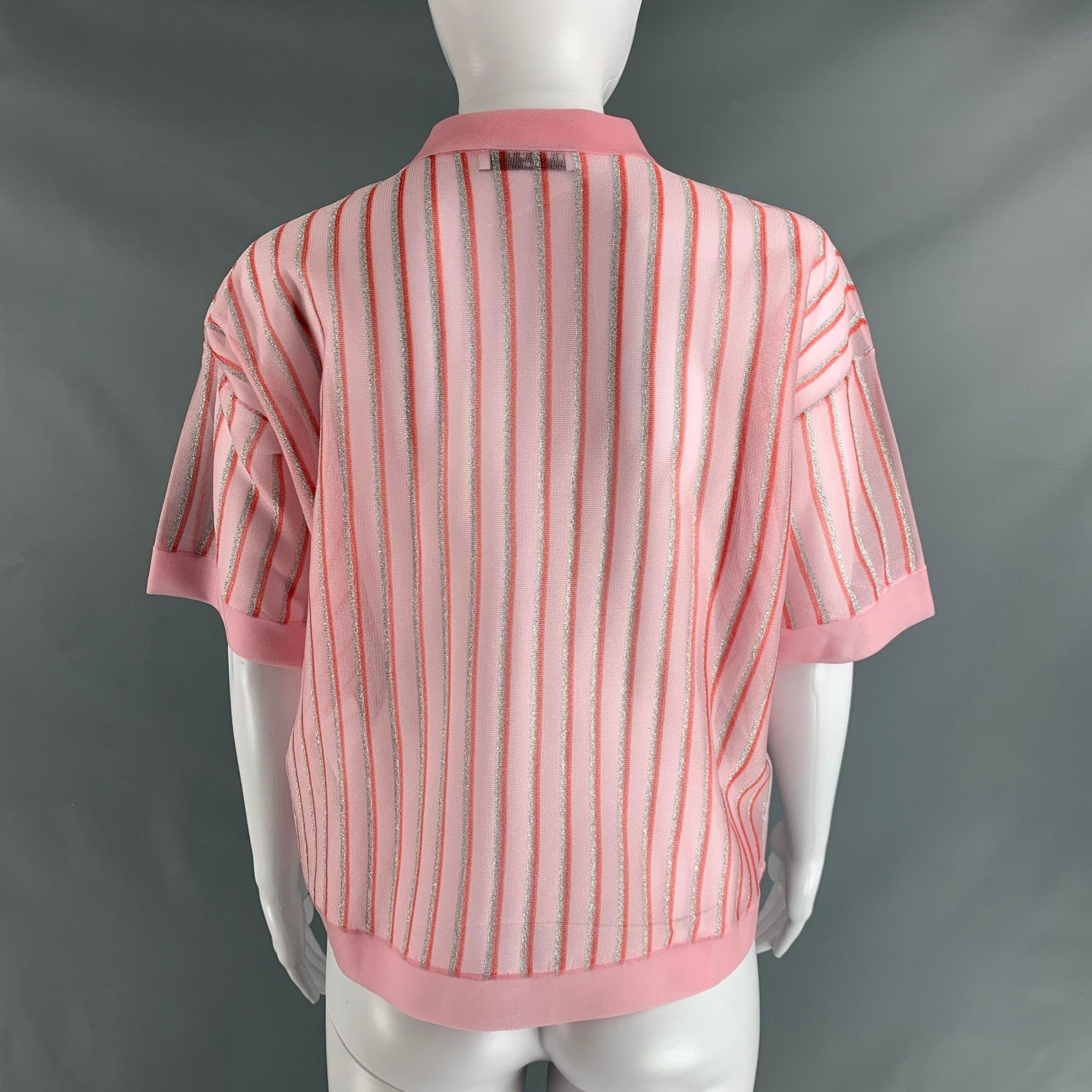 SANDRO Size M Pink Red & Silver Polyester Blend Stripe Cropped Polo Shirt In Excellent Condition For Sale In San Francisco, CA