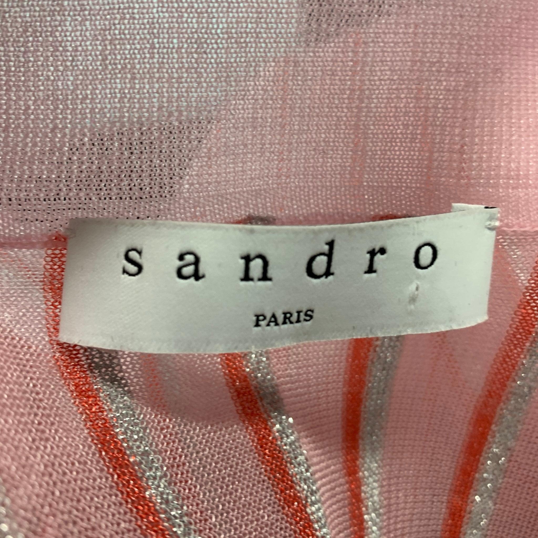 Women's SANDRO Size M Pink Red & Silver Polyester Blend Stripe Cropped Polo Shirt For Sale