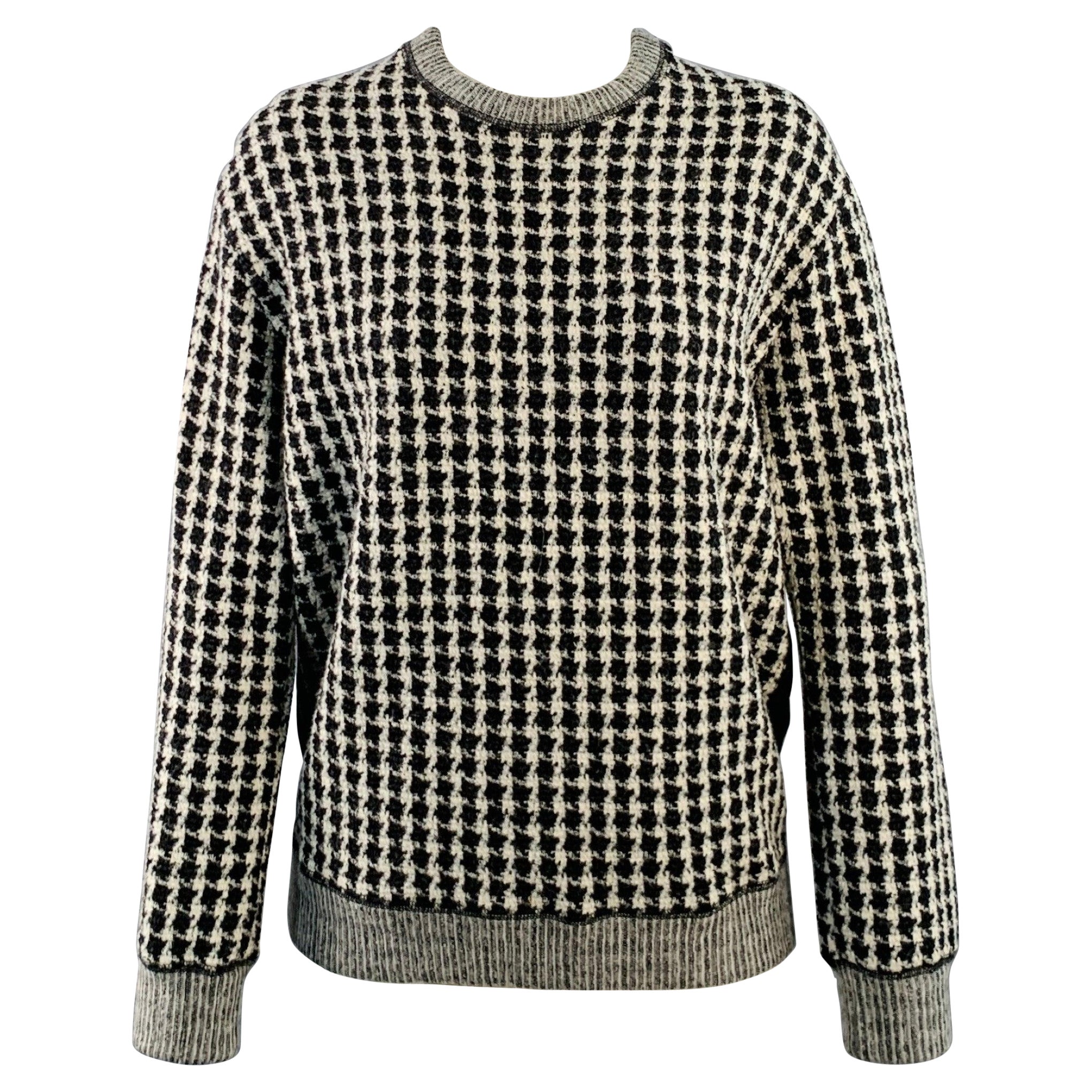 SANDRO Größe S Schwarz Grau Wolle Blend Houndstooth Crew Neck Pullover im Angebot
