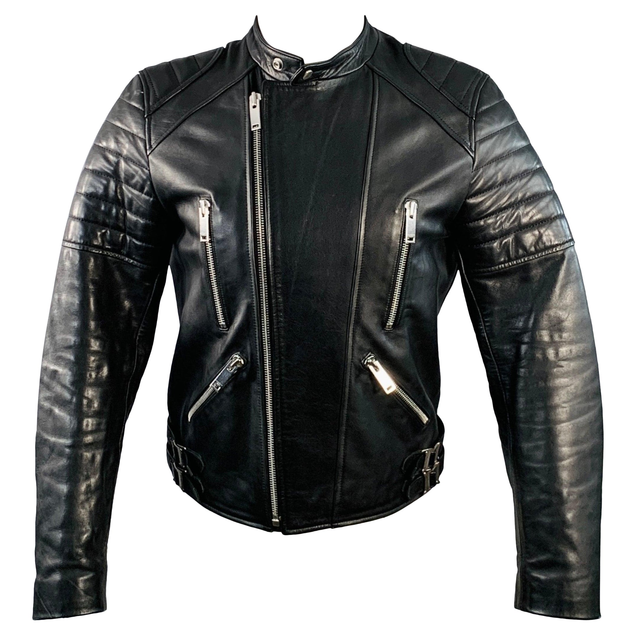 SANDRO Size S Black Quilted Calfskin Leather Moto Racer Jacket