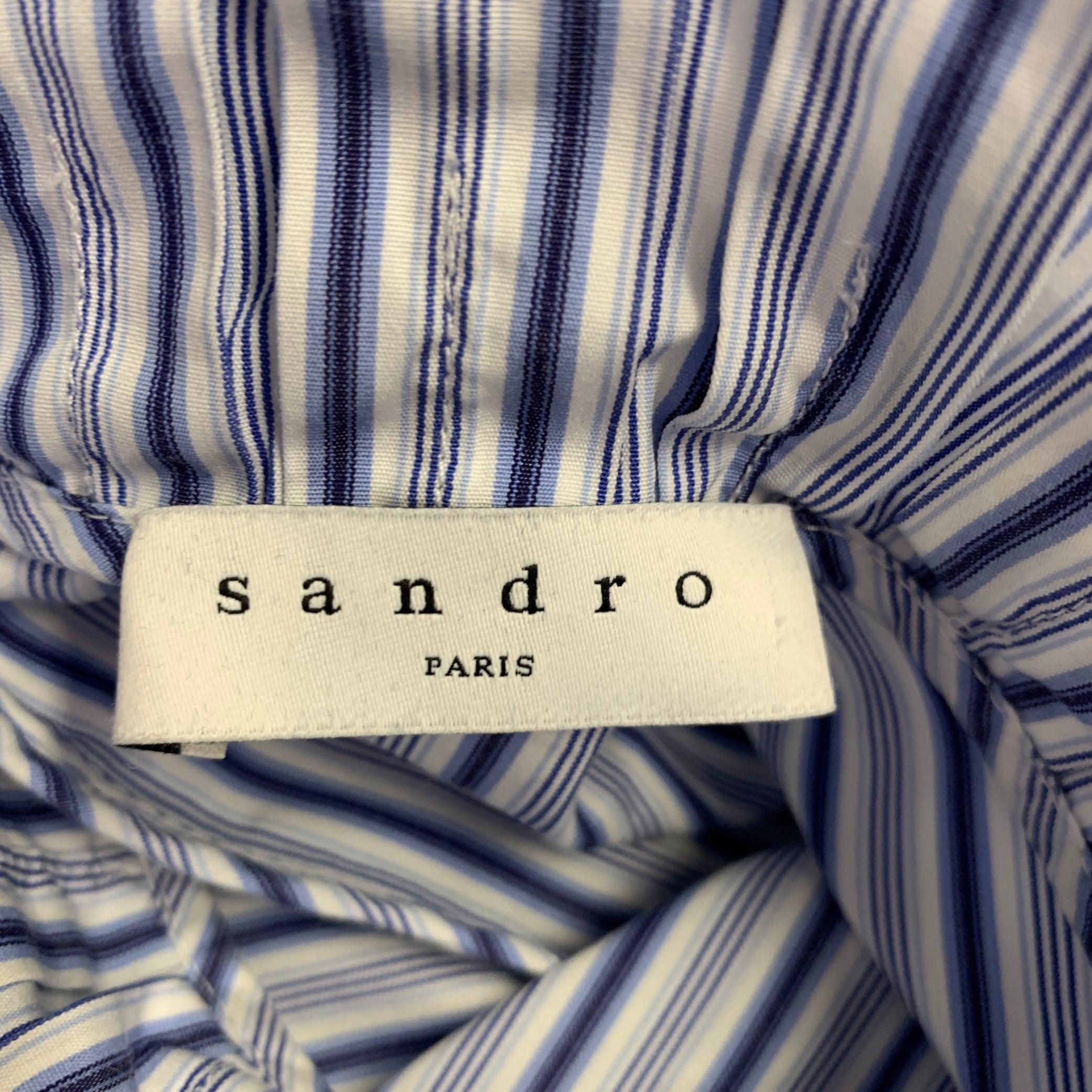 Women's SANDRO Size S Blue White Cotton Stripe High Collar Casual Top For Sale
