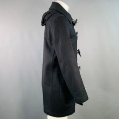 SANDRO Size S Navy Black Wool Blend Faux Leather Trim Toggle Closure Coat