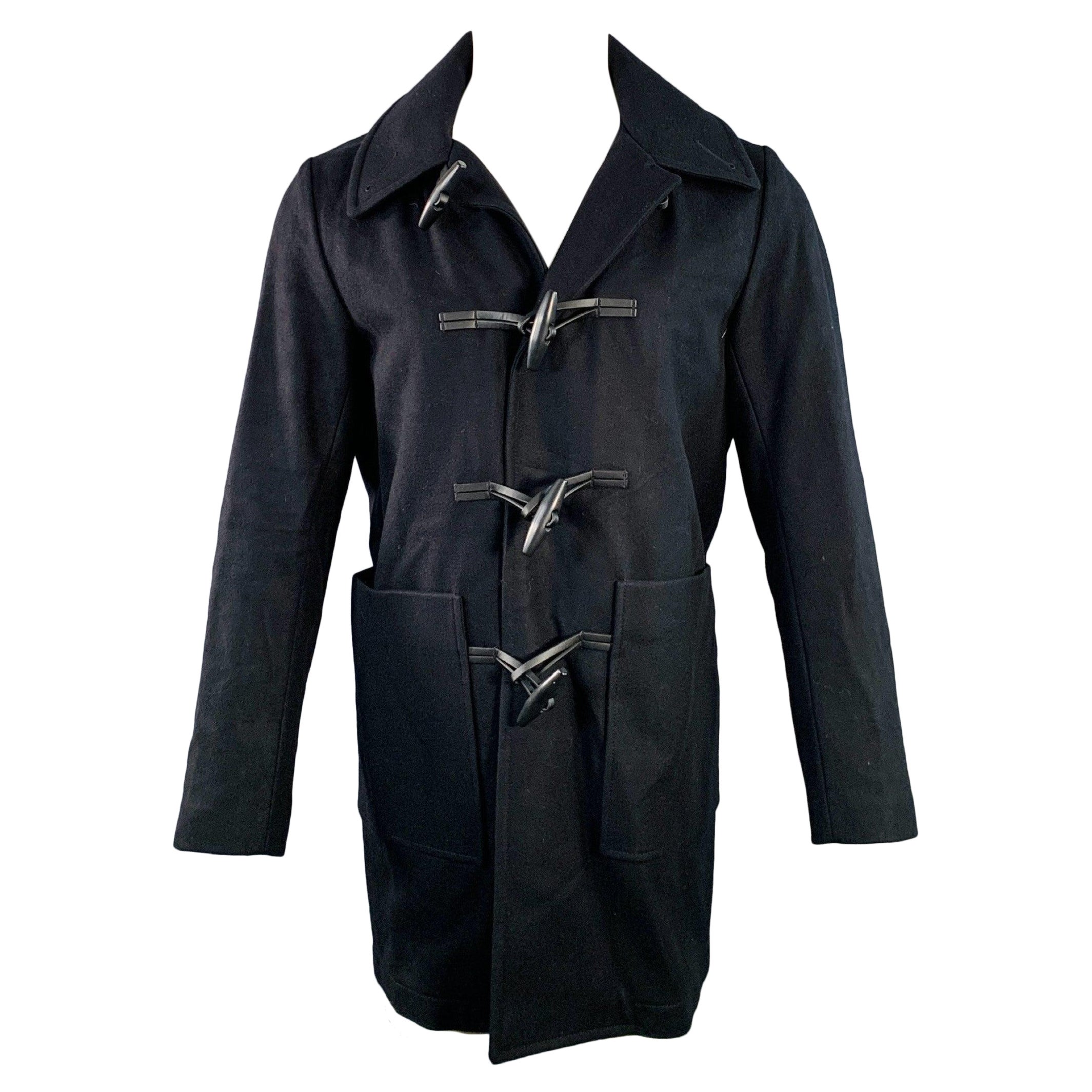 SANDRO Size S Navy Black Wool Blend Faux Leather Trim Toggle Closure Coat