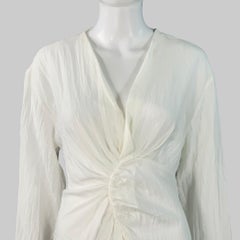 SANDRO Size S White Acetate Blend Wrinkled Ruched Long Sleeve V-Neck Dress