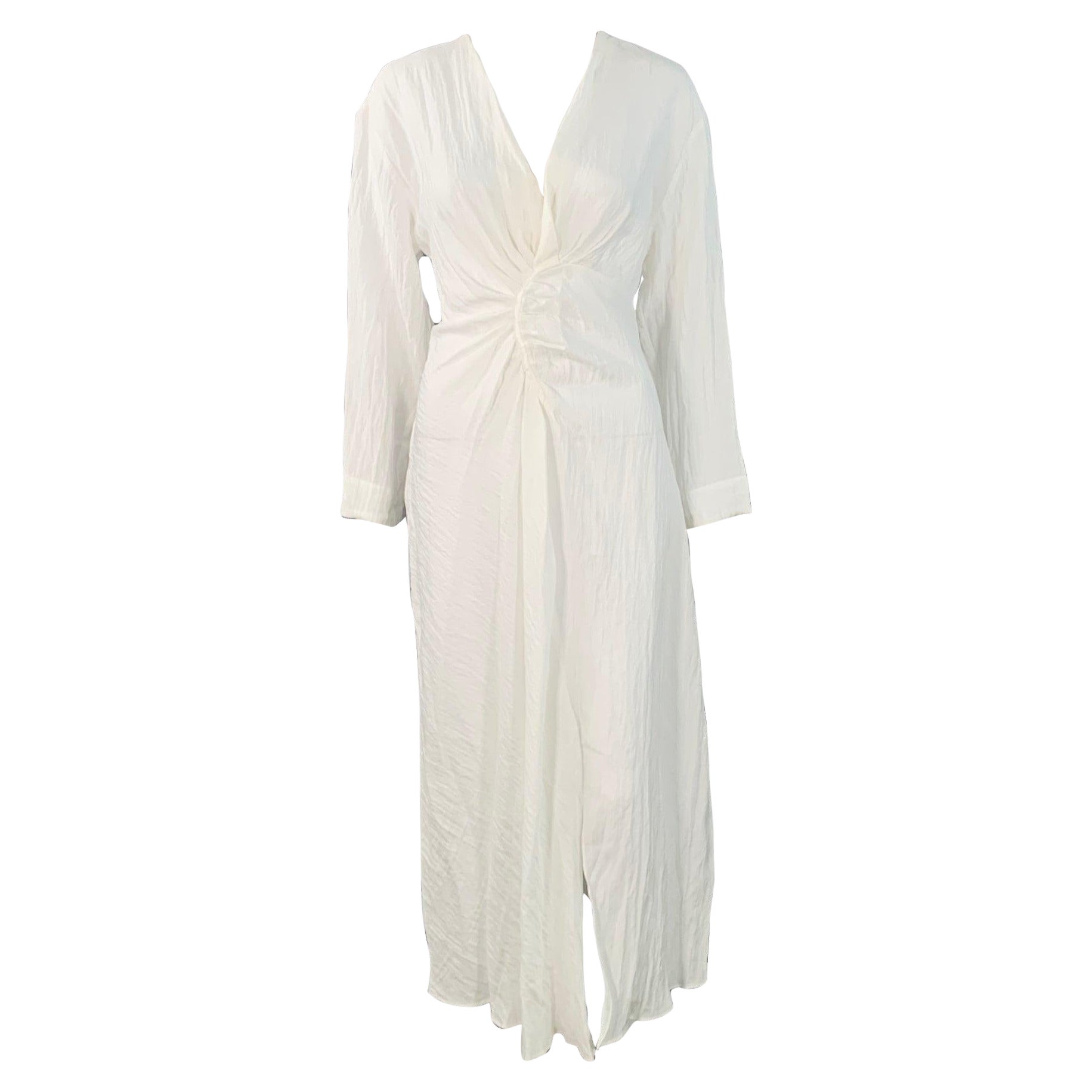 SANDRO Size S White Acetate Blend Wrinkled Ruched Long Sleeve V-Neck Dress For Sale
