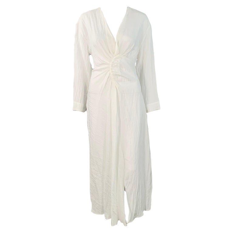 SANDRO Size S White Acetate Blend Wrinkled Ruched Long Sleeve V-Neck Dress