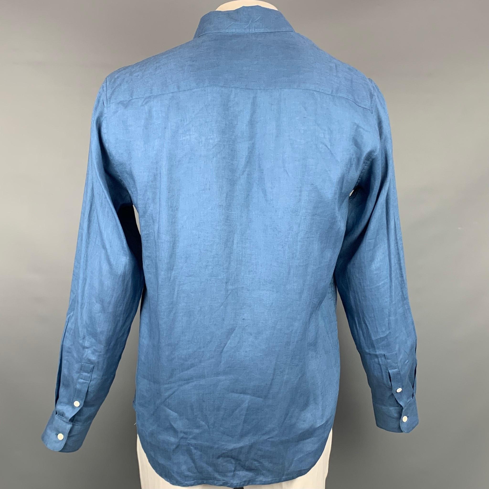 SANDRO Size XL Blue Linen Button Up Cassic Fit Shirt In Good Condition In San Francisco, CA