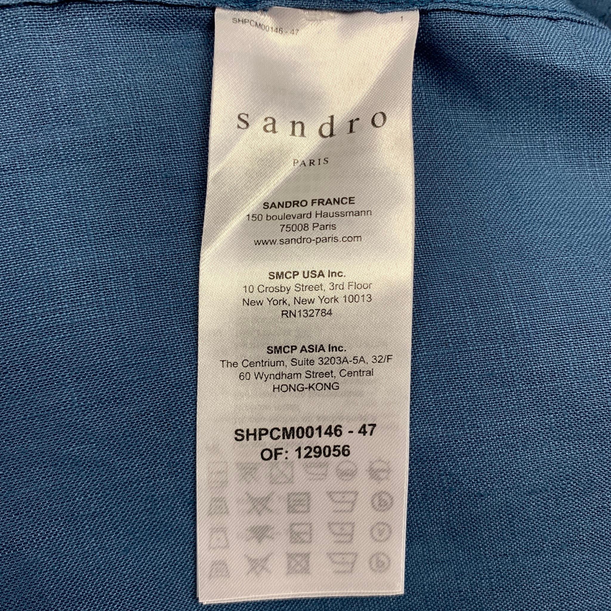 Men's SANDRO Size XL Blue Linen Button Up Cassic Fit Shirt