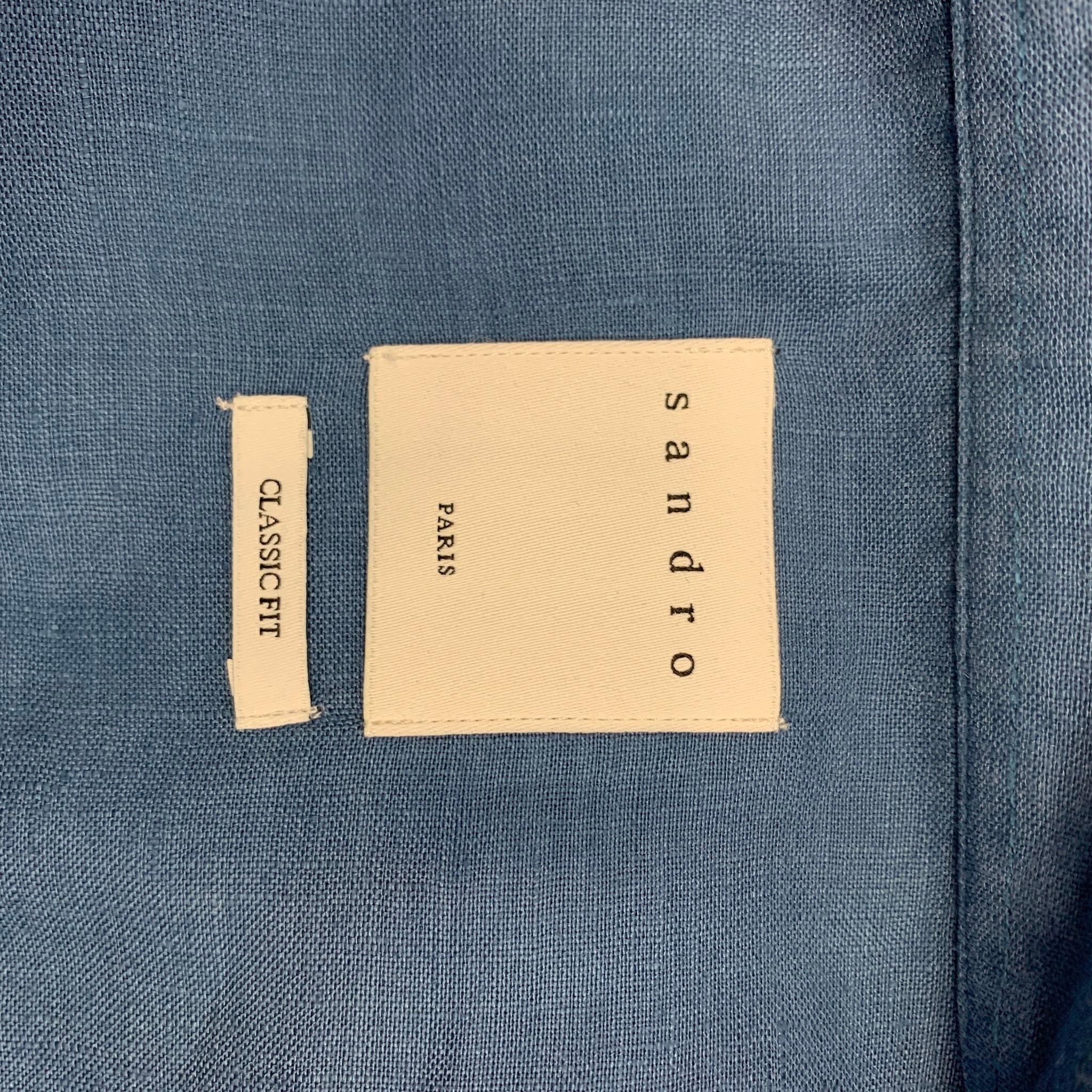 SANDRO Size XL Blue Linen Button Up Cassic Fit Shirt 2