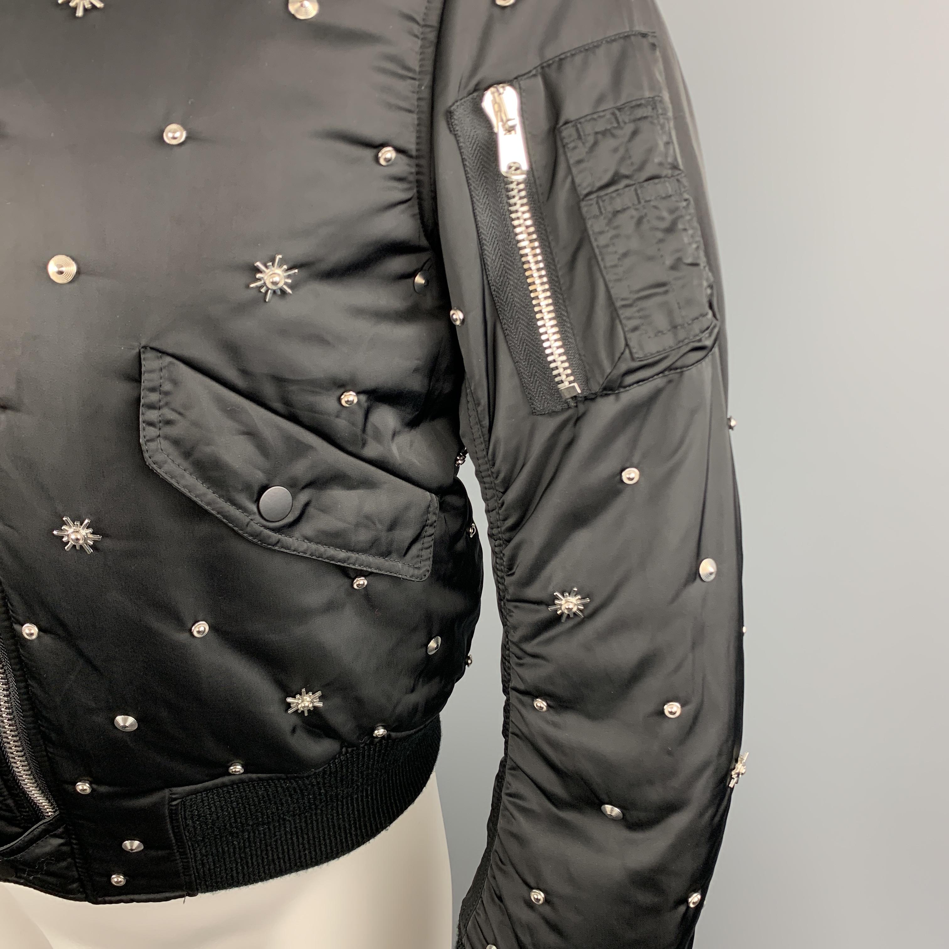 Men's SANDRO Size XS Black Silver Tone Star Studded Nylon Bomber Flight Jacket