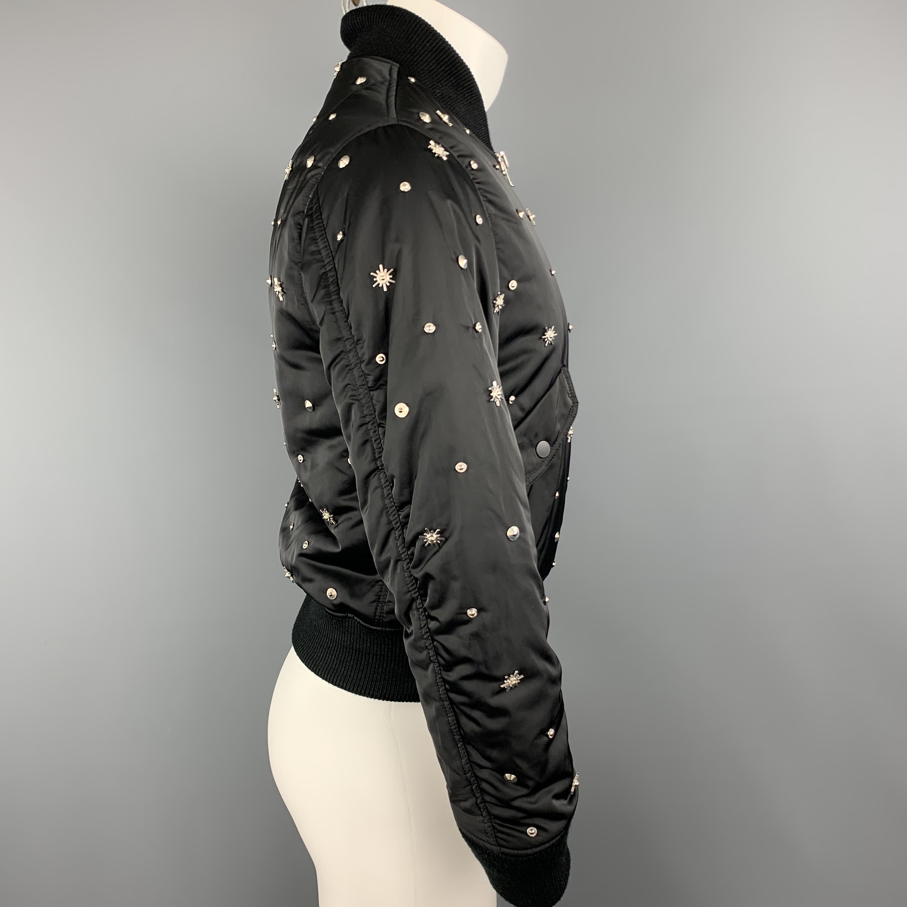 SANDRO Size XS Black Silver Tone Star Studded Nylon Bomber Flight Jacket 1