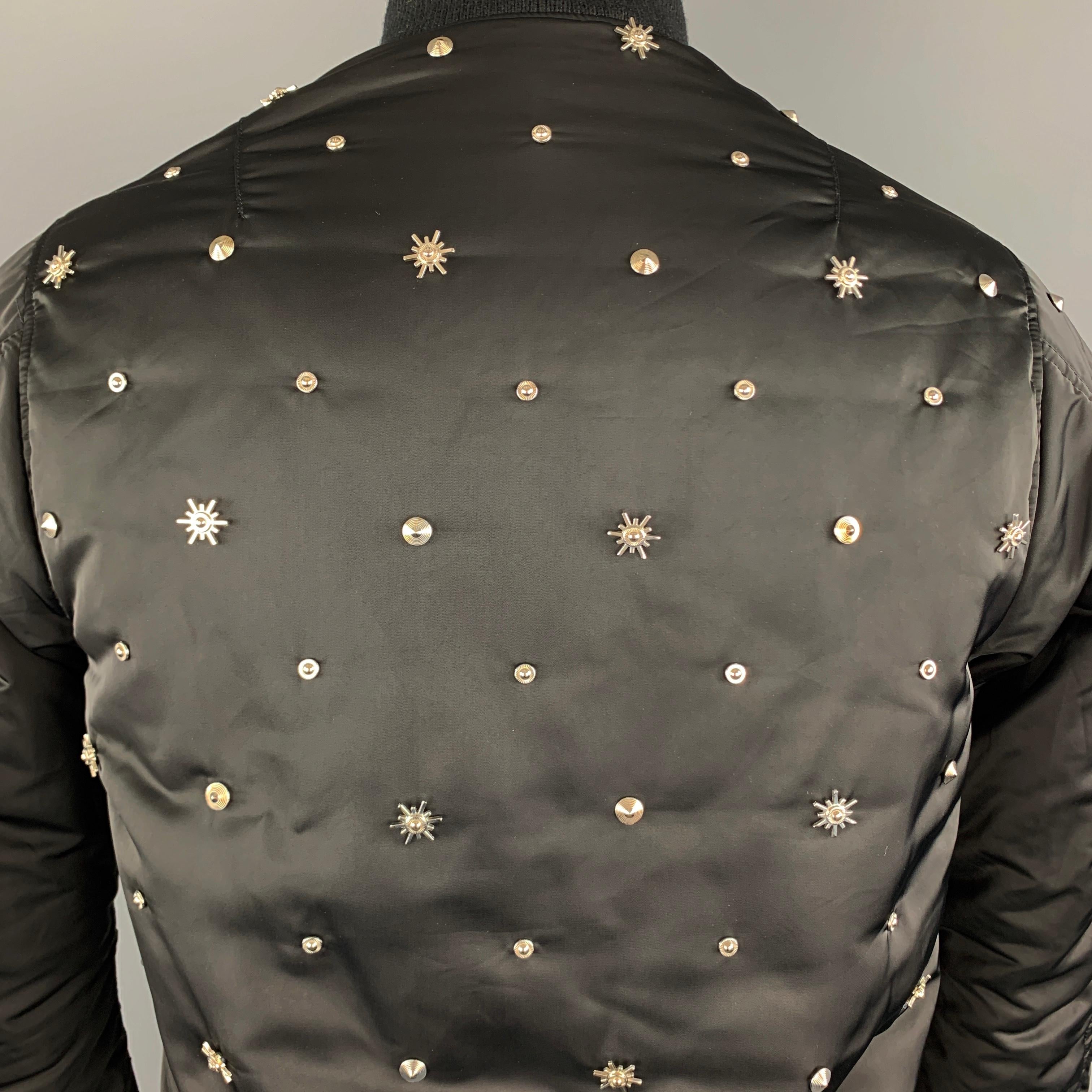 SANDRO Size XS Black Silver Tone Star Studded Nylon Bomber Flight Jacket 3
