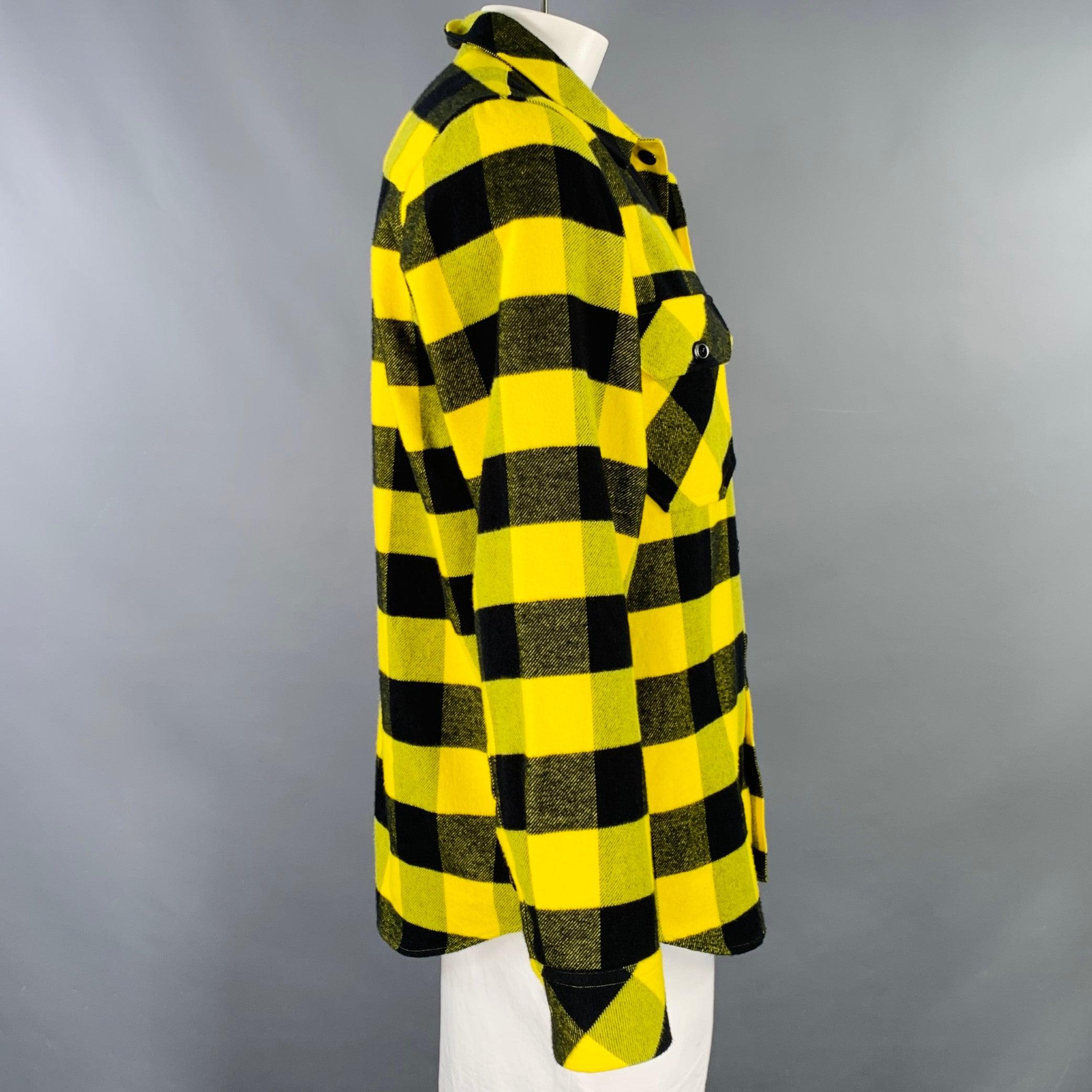SANDRO long sleeve shirt
in a yellow and black cotton featuring a buffalo plaid pattern, two buttoned patch pockets, and button closure. Excellent Pre-Owned Condition. 

Marked:   XXL 

Measurements: 
 
Shoulder: 16.5 inches Chest: 45 inches Sleeve: