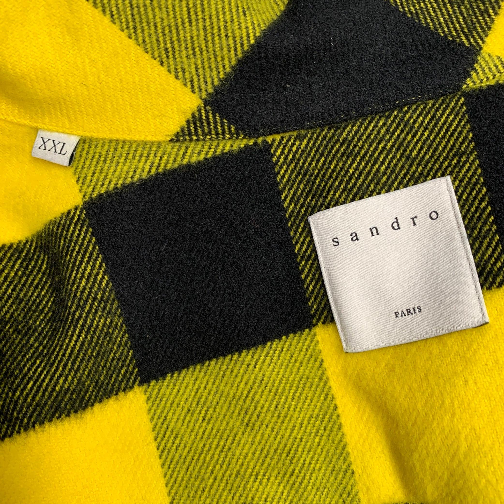 Men's SANDRO Size XXL Yellow Black Buffalo Plaid Cotton Long Sleeve Shirt
