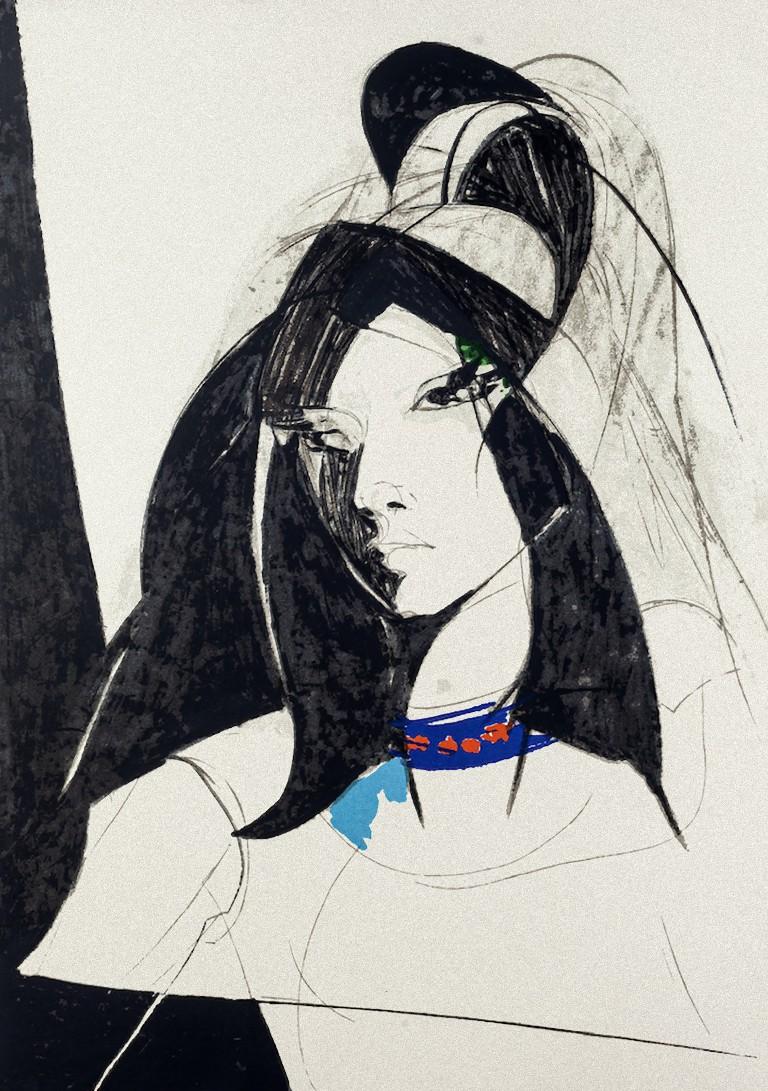 Young Woman is an original lithograph realized by Sandro Trotti in 1980.

The state of preservation is very good.

Representing a young woman exalted by a wonderful contrast of colors.