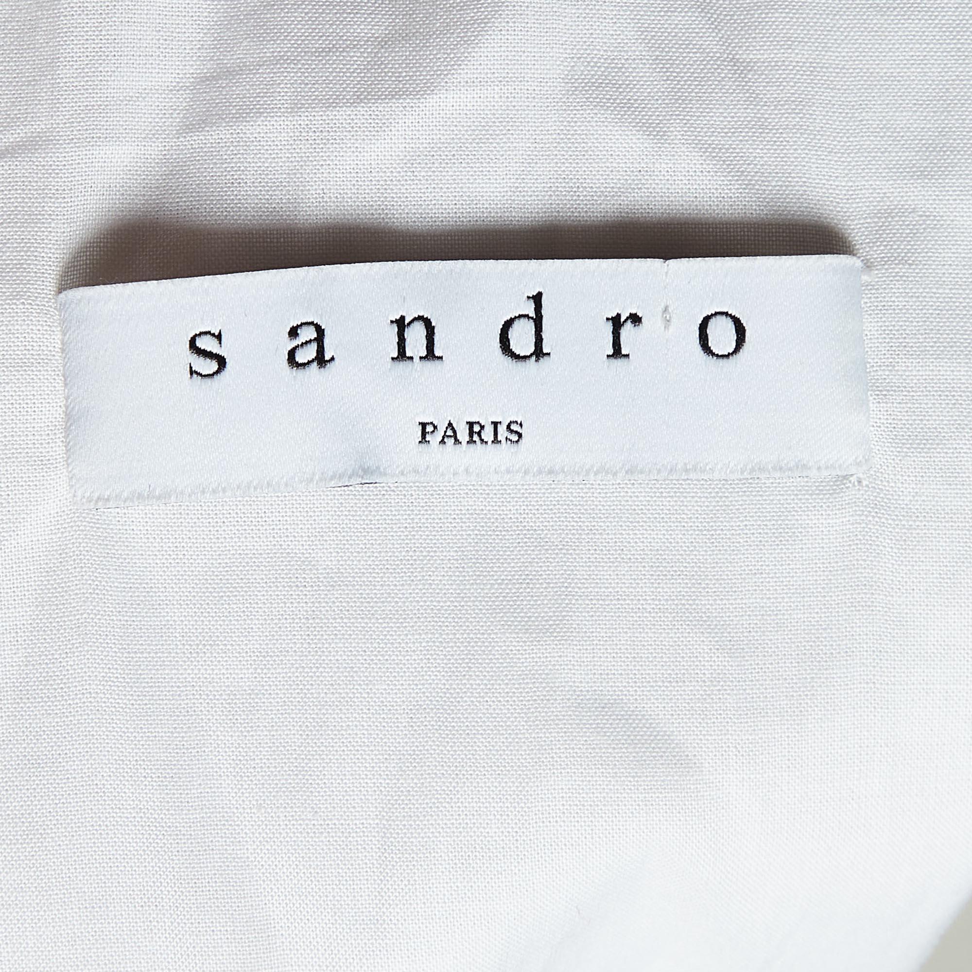 Gray Sandro White Cotton Applique Detail Belted Mini Dress S For Sale