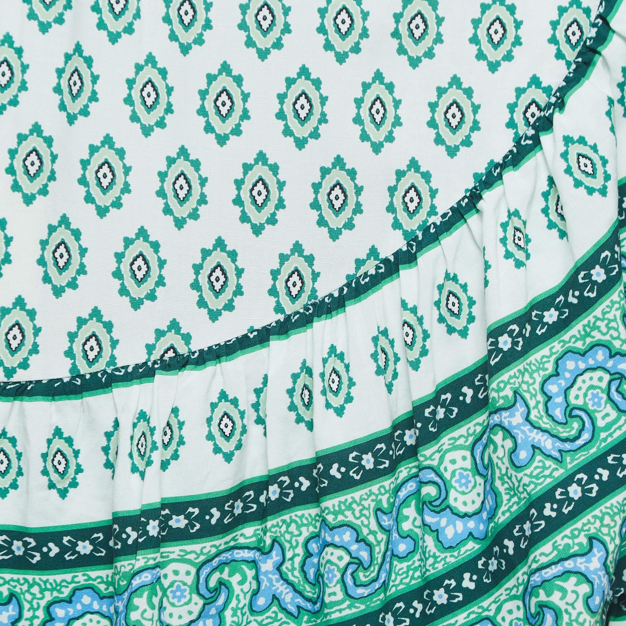 Blue Sandro White/Green Print Cotton Tiered Midi Skirt S