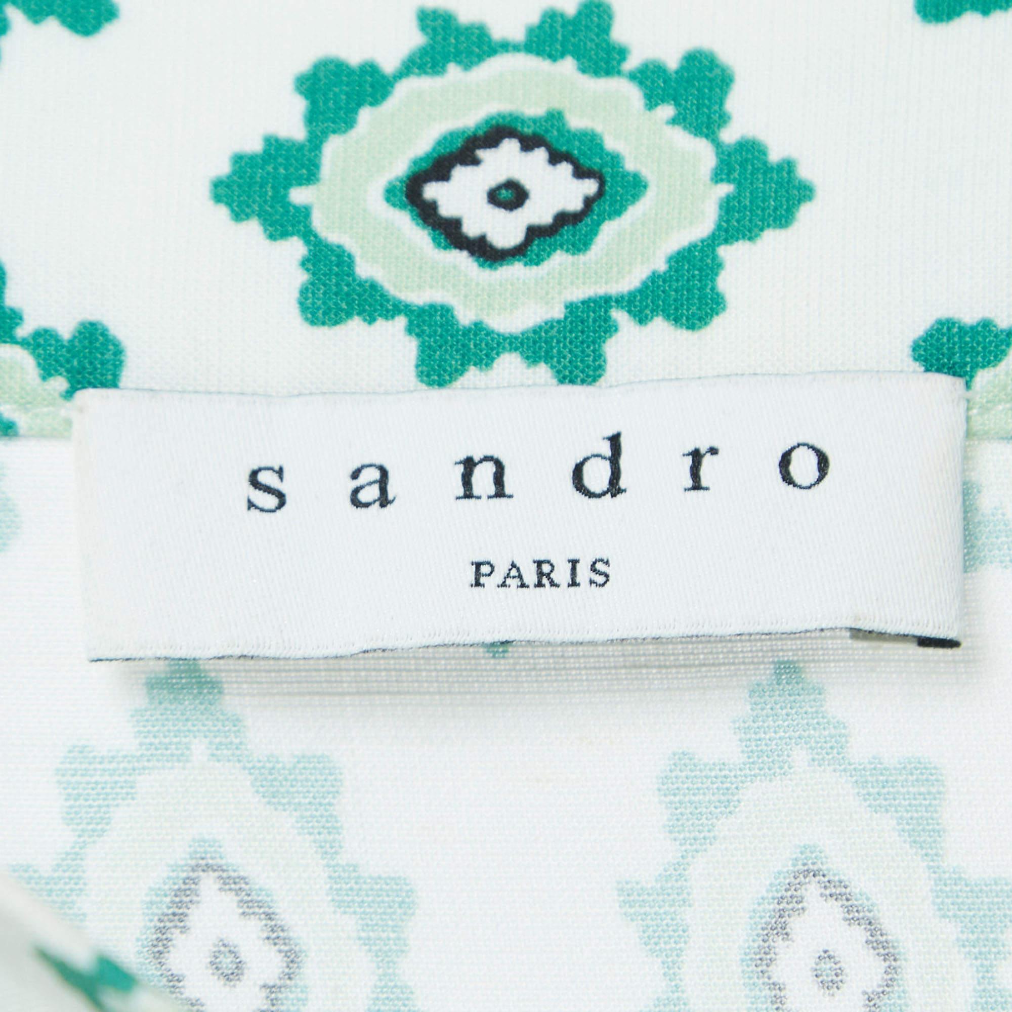 Sandro White/Green Print Cotton Tiered Midi Skirt S In Good Condition In Dubai, Al Qouz 2
